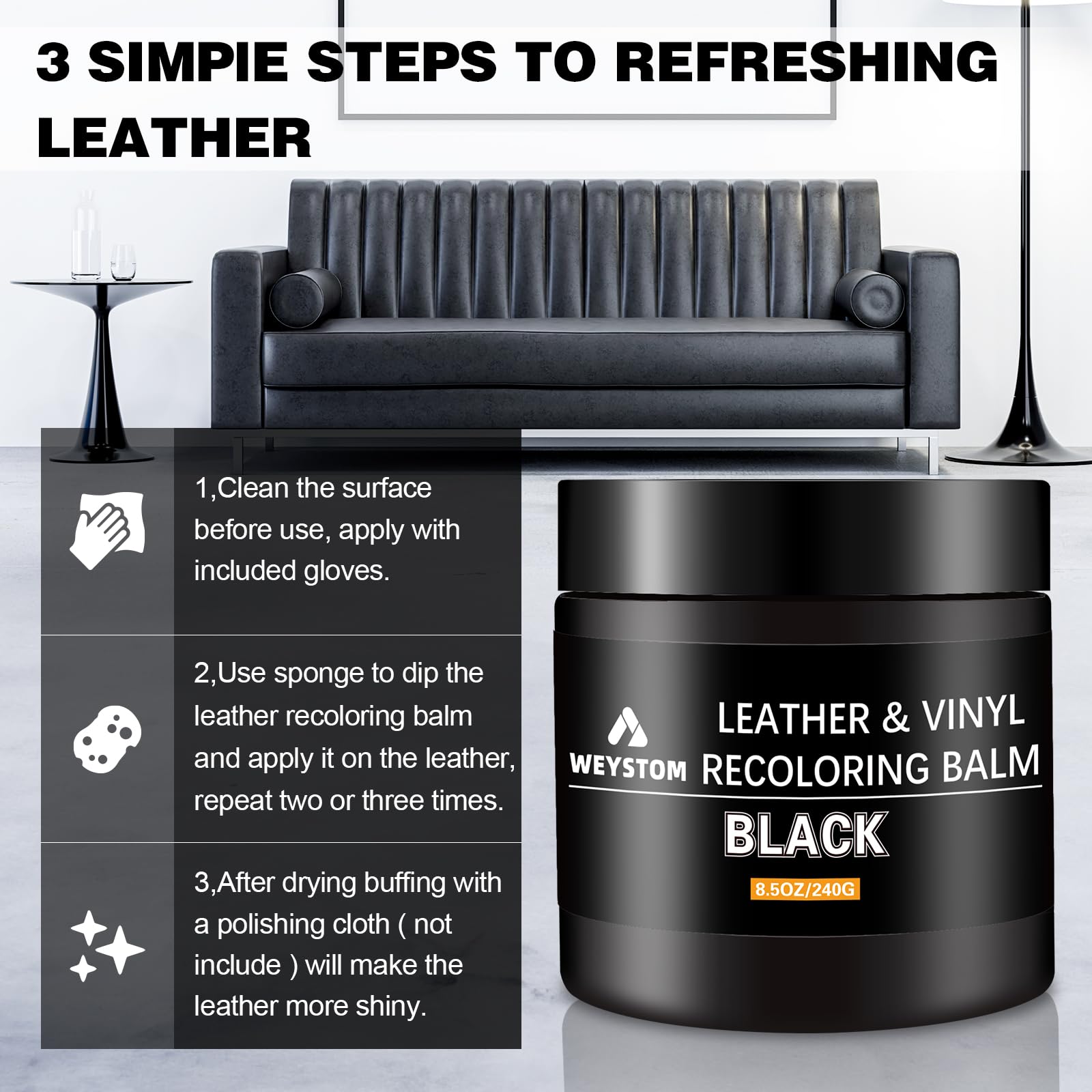 WEYSTOM Leather Recoloring Balm Repair Kit - Black, 8.5 OZ, Model 8OZ-BK for Restoring Aged, Faded, Cracked Leather