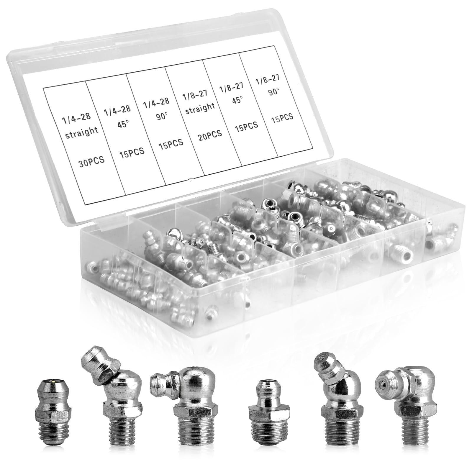 Kubqlig 110Pcs Grease Fittings Kit, Sae Grease Fitting Assortment: 1/4'' 1/8'' Straight 45 90 Degree Angled Zerk Grease Fittings
