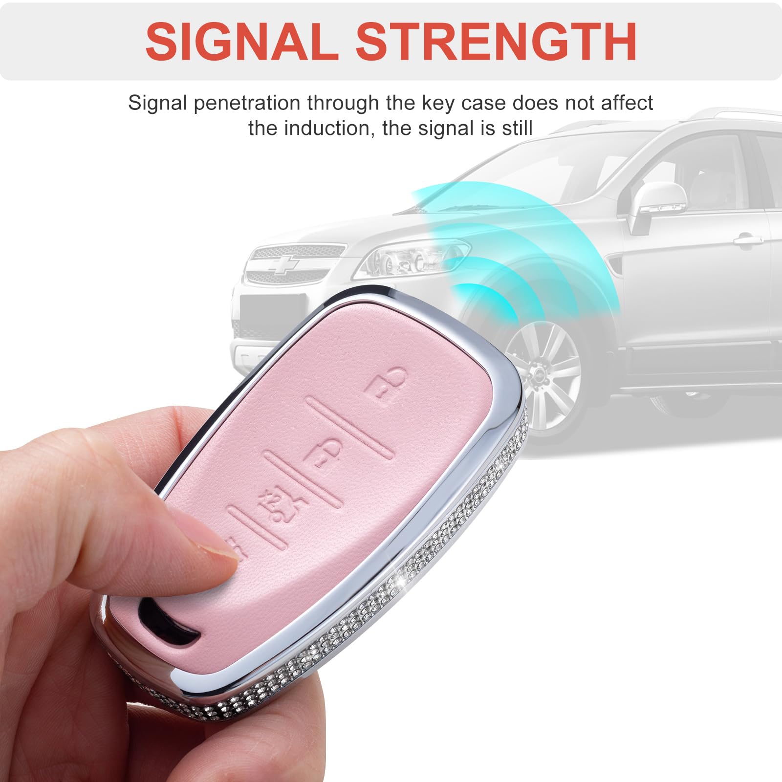 Ruabiban For Chevy Chevrolet Key Fob Cover With Keychain, Pink Leather Key Case Protection Shell Fit For Equinox Malibu Cruze Ca