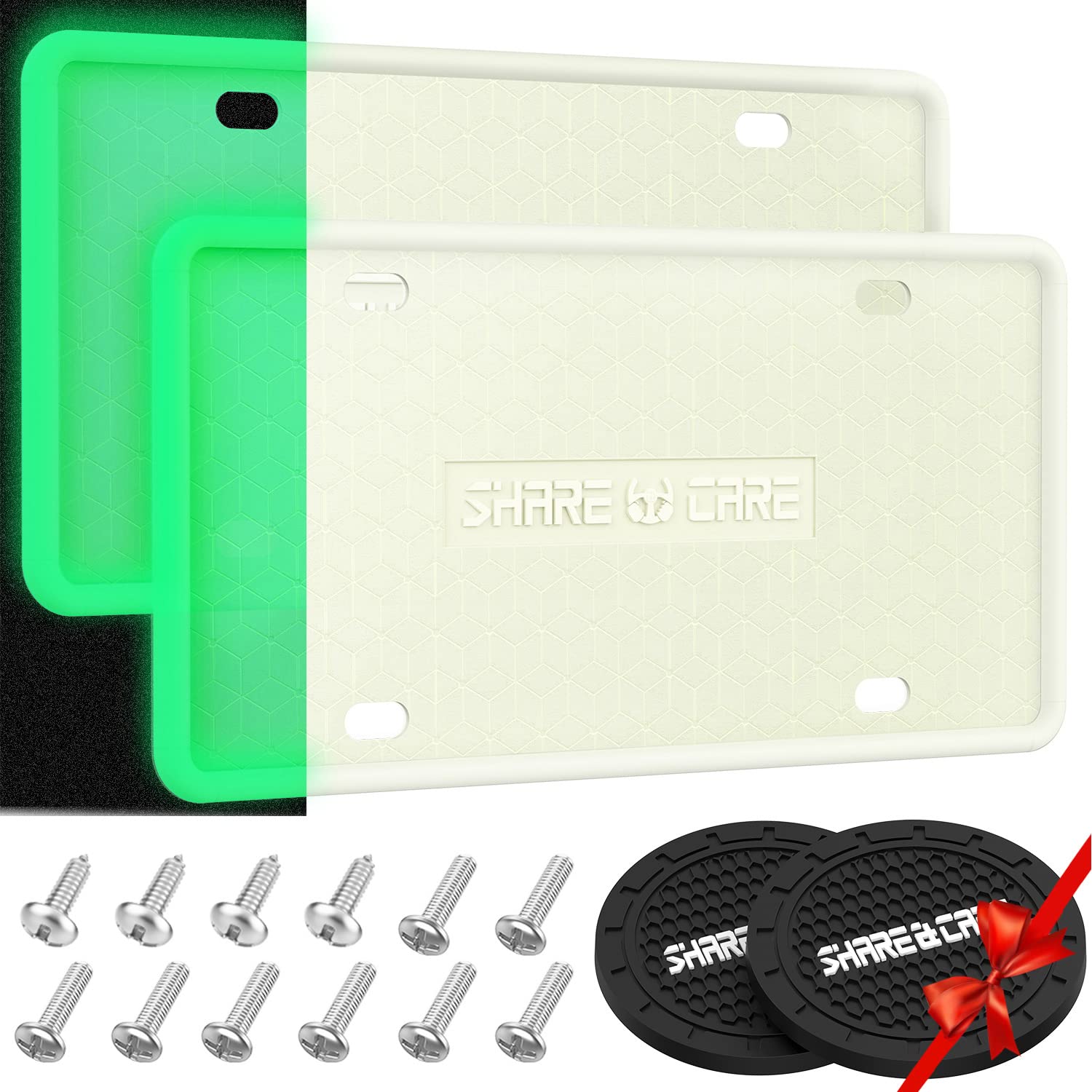 Qiqamole 2 Pack Silicone License Plate Frame Front Back License Plate Cover License Plate Bracket Holder Rust-Proof Rattle-Proof Weather-Proof For Us Ca Standard Car & 2Pcs Water Coaster (White/Grow)