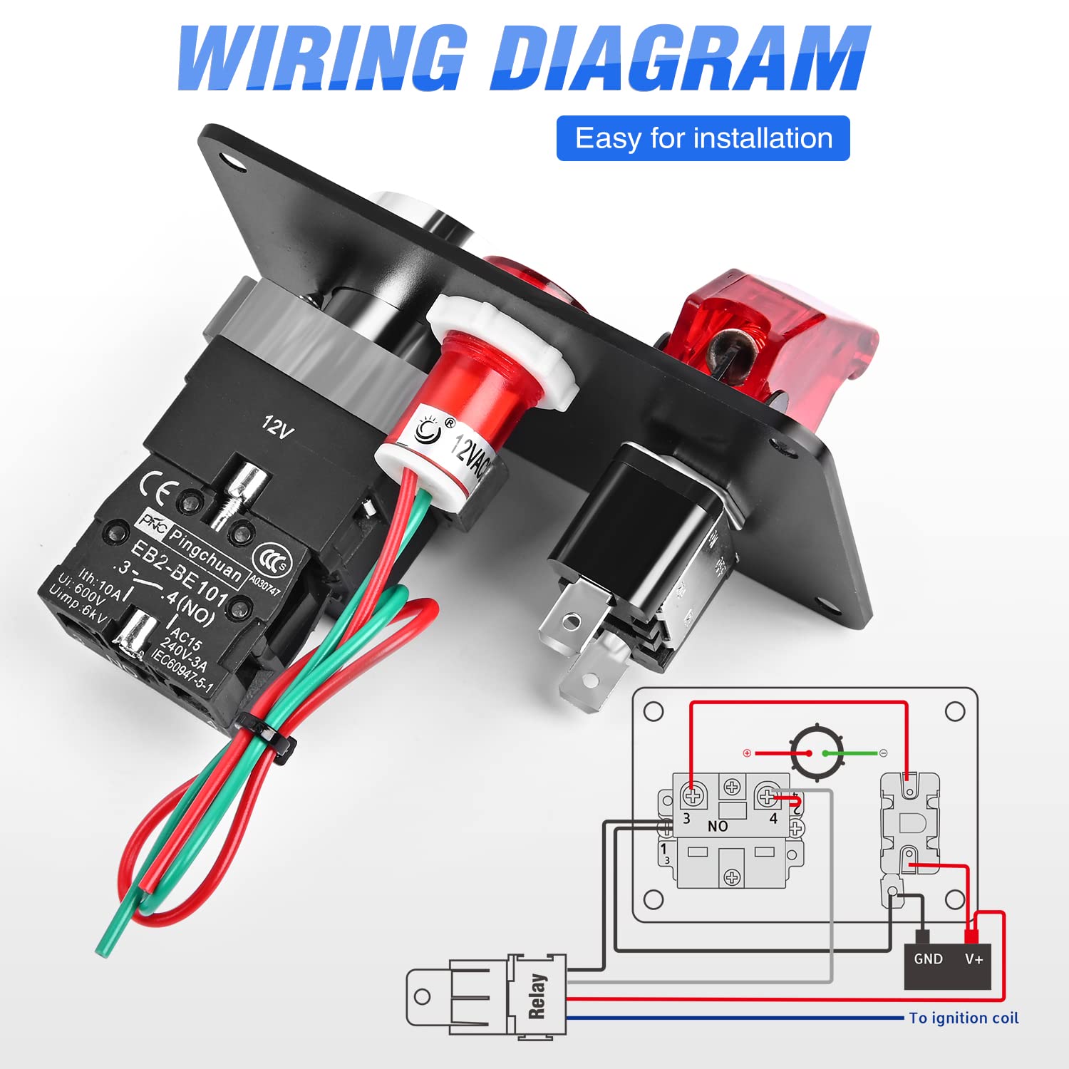 Nilight Ignition Switch Panel 12V - 2 in 1 Rocker with Push Button, Relay Wiring Harness, Aluminum, Red, Model 90210B for RV/Truck/Boat