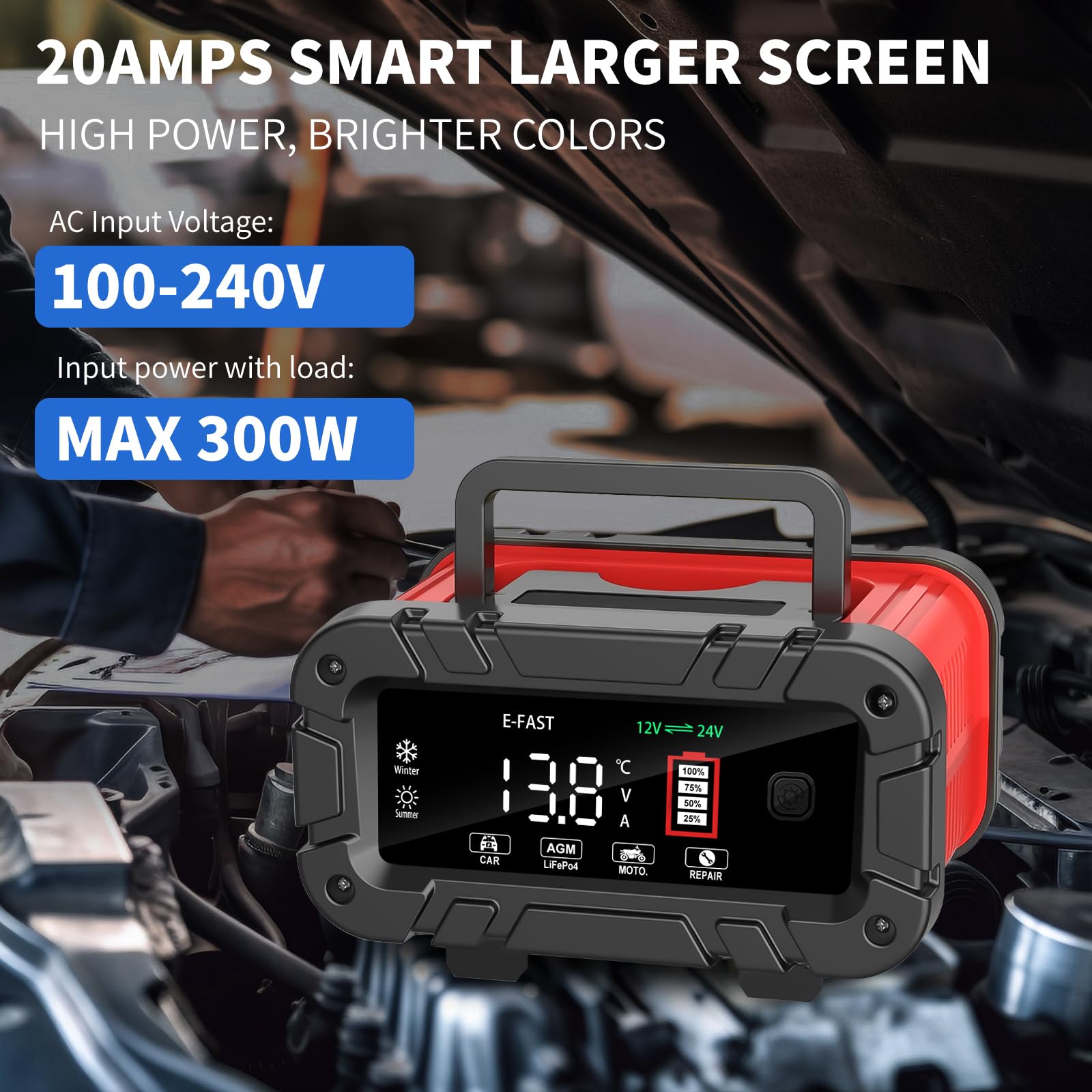 E-FAST Battery Charger 0-20A 12/24V Lifepo4 Lead Acid Automatic Smart Car Battery Charger, Trickle & Pulse Repair, Automobile Ba