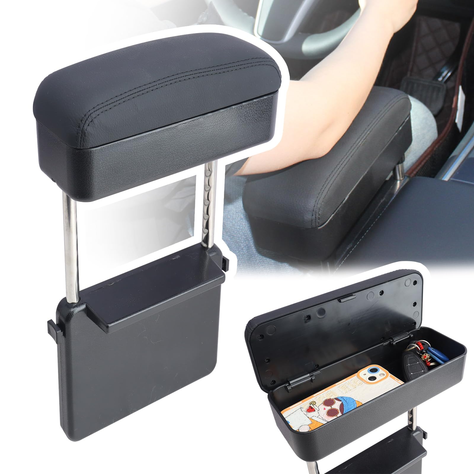 Car Armrest Storage Box Universal Armrest Extender Console Storage Case Center Armrest Adjustable Arm Relaxation Support Pad,Bla