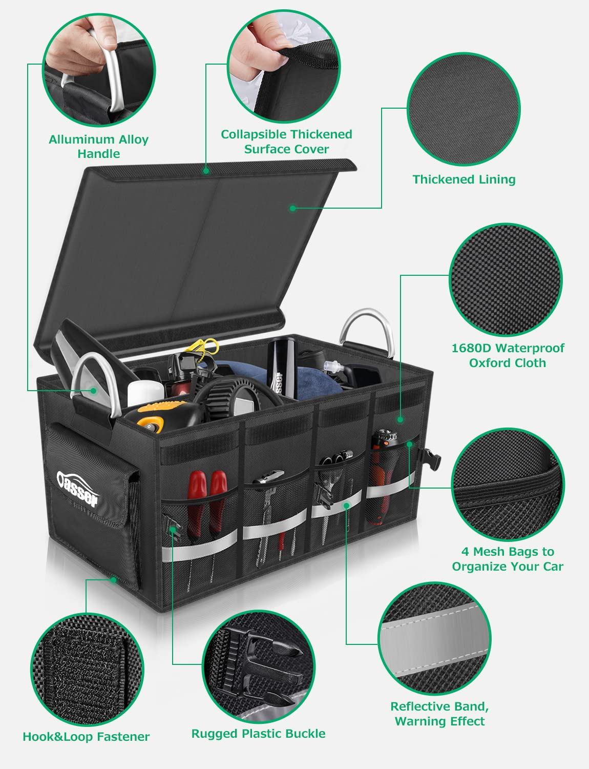 Oasser Trunk Organizer Cargo Organizer Trunk Storage Waterproof Collapsible Durable Multi Compartments with Foldable Cover Alumi