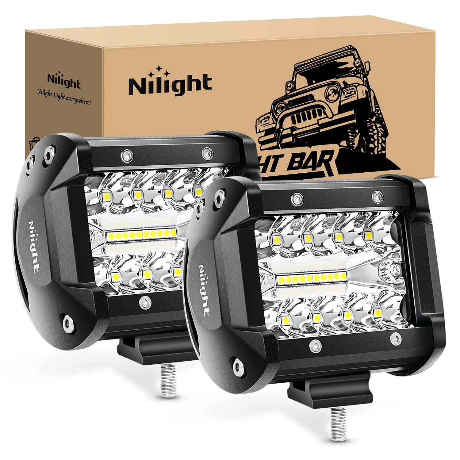 Nilight Led Light Pods 2Pc 4Inch 60W Flood Spot Combo Triple Row Driving Lamp Roof Bumper Off Road Led Work Lights Pods For Van