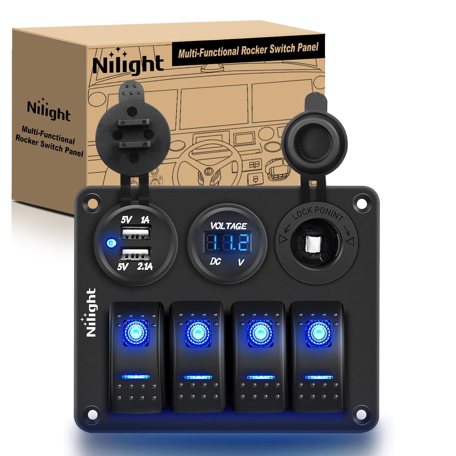 Nilight - 90117G 4 Gang Rocker Switch Panel Waterproof Pre-Wired Aluminum Switch Panel With Dual Usb Cigarette Lighter Socket Vo