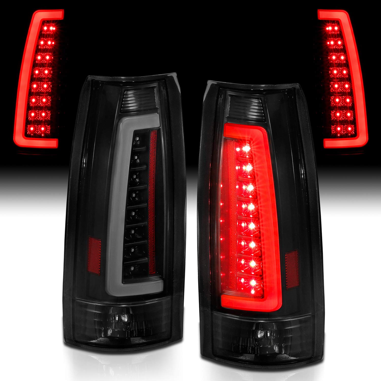 AmeriLite LED Tube Tail Lights Set for 1988-1999 Chevy GMC C/K Truck & SUV, Black Smoke, C-Shape, Model 407, Driver & Passenger Side