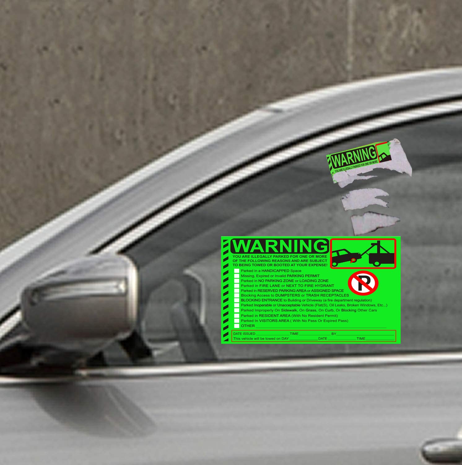 Pop Resin Parking Violation Stickers - 50 Pcs Fluorescent Green Adhesive Labels, 5.5x7.5 inch, Gloss Paper, Model 01