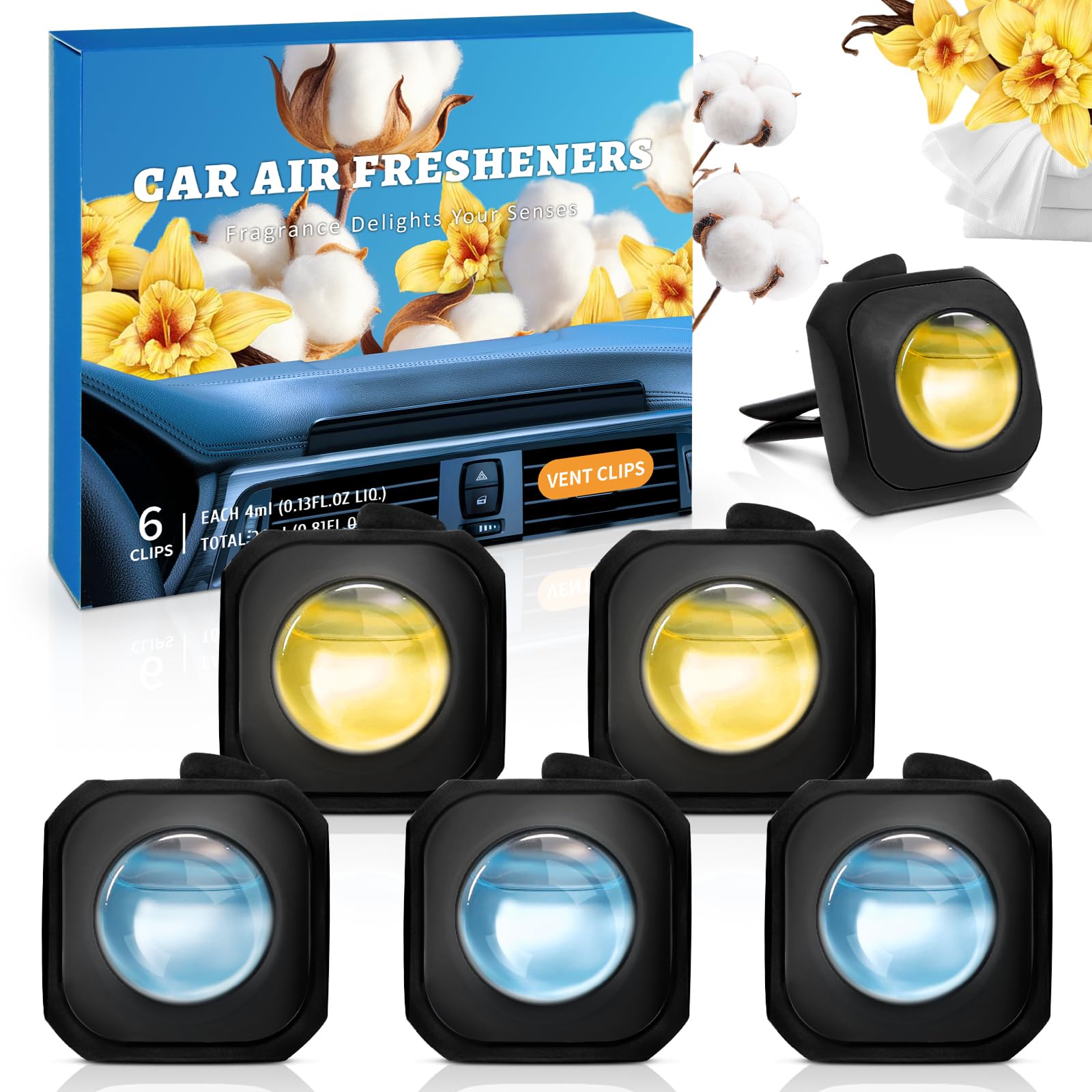 SCENTORINI Car Freshener Vent Clip, Variety Pack, 3 Vanilla + 3 Cotton Car Vent Clip Long Lasting, Car Fresheners for Men
