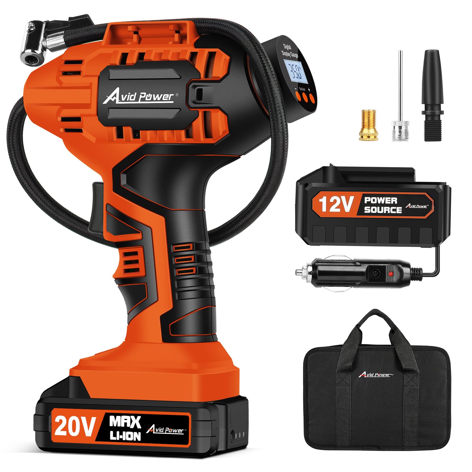 Avid Power Tire Inflator Air Compressor, 20V Cordless Car Tire Pump With Rechargeable Li-Ion Battery, 12V Car Power Adapter, Dig