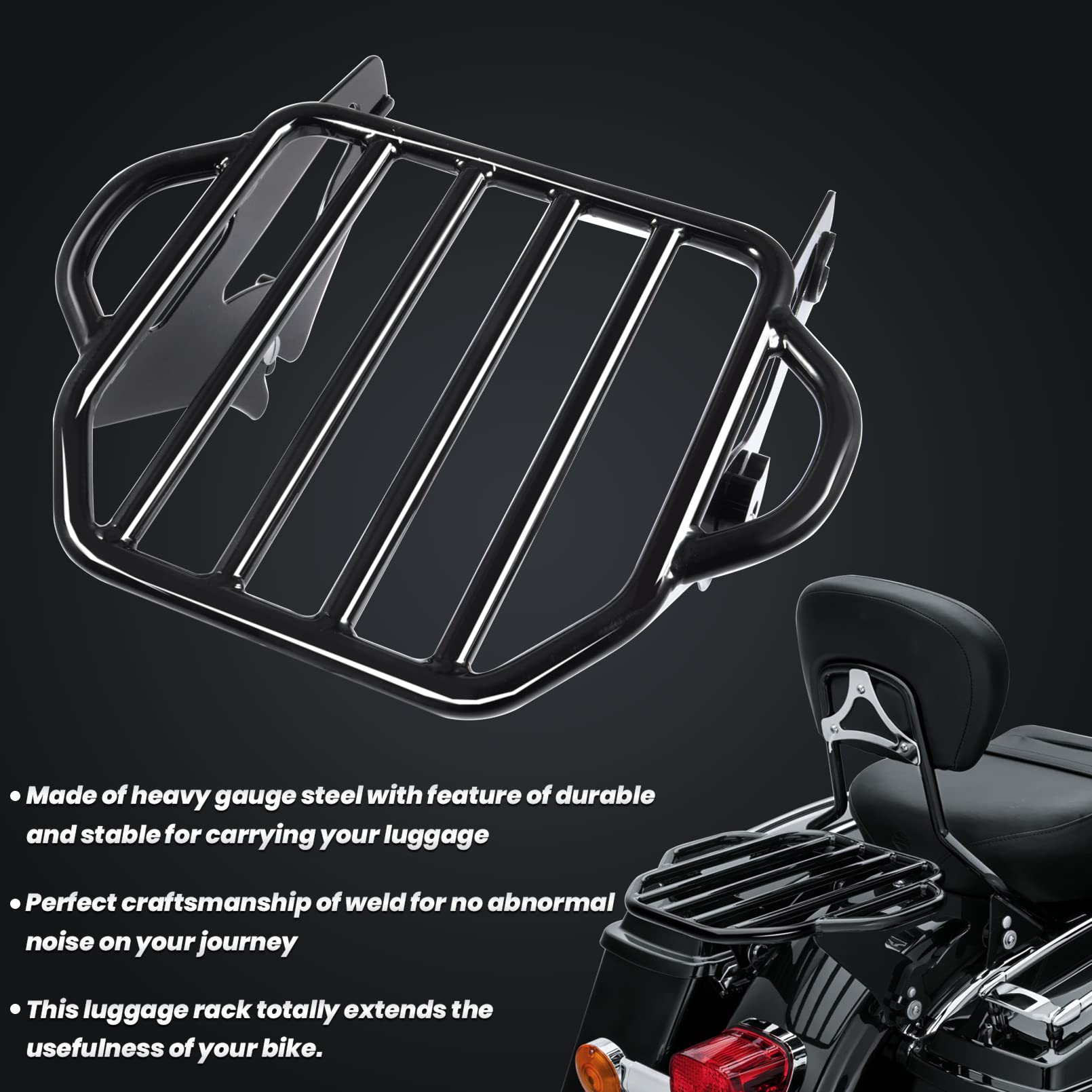Benlari Gloss Black Detachable Luggage Rack for Harley Touring 2009-2024, Alloy Steel, Model 714565801704