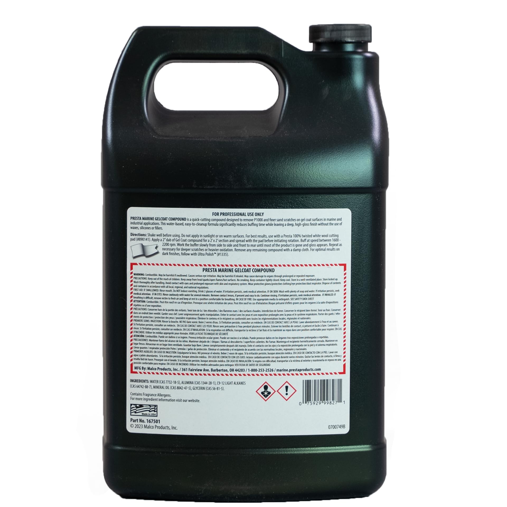 Presta Marine Gelcoat Compound For Marine And Industrial Use, Voc Compliant/Water-Based/Reduces Buffing Time/Removes Oxidation/N