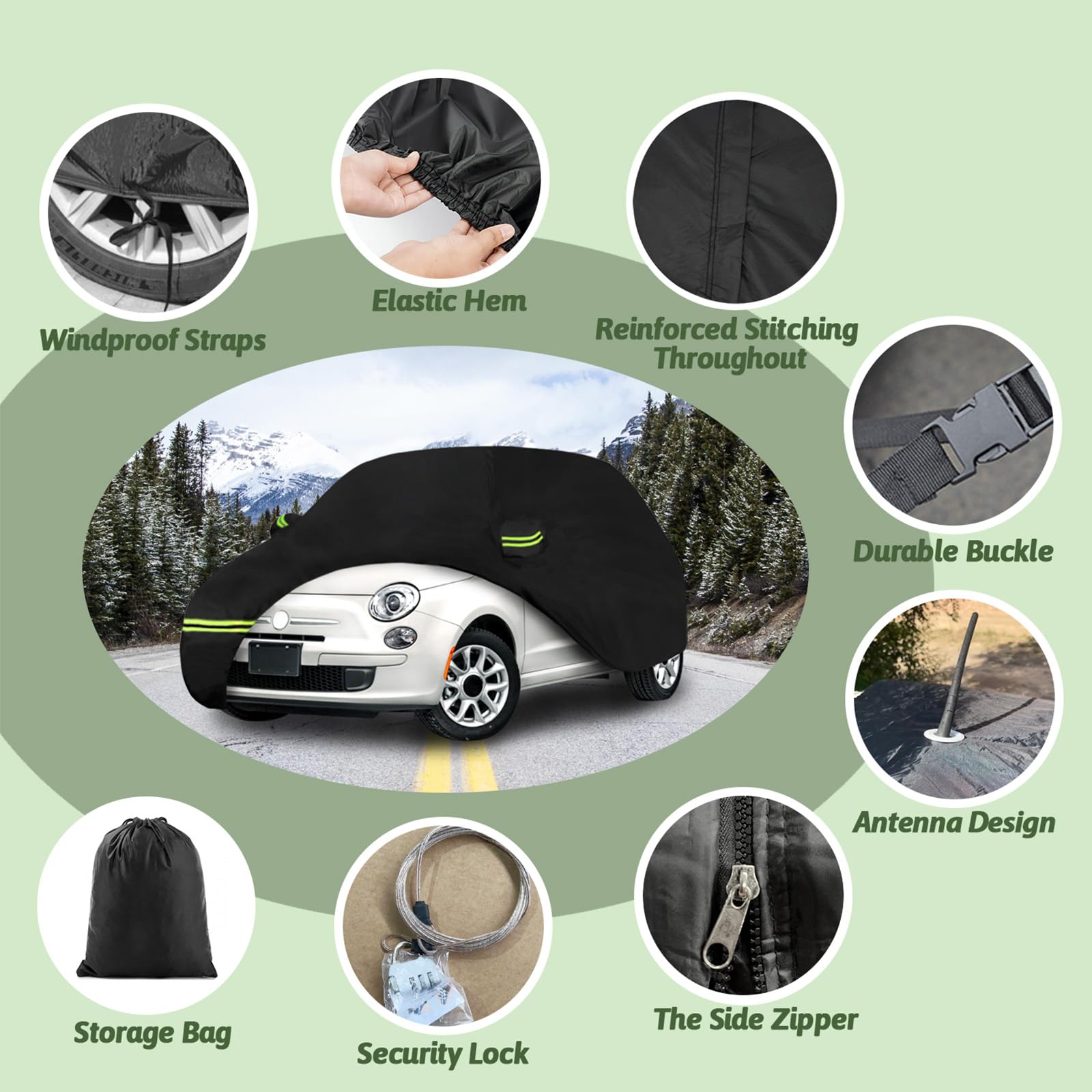BETERNY Car Cover for Fiat 500 (2007-2025) - Waterproof, Black, High Density Polyethylene, Model SD-XB0108
