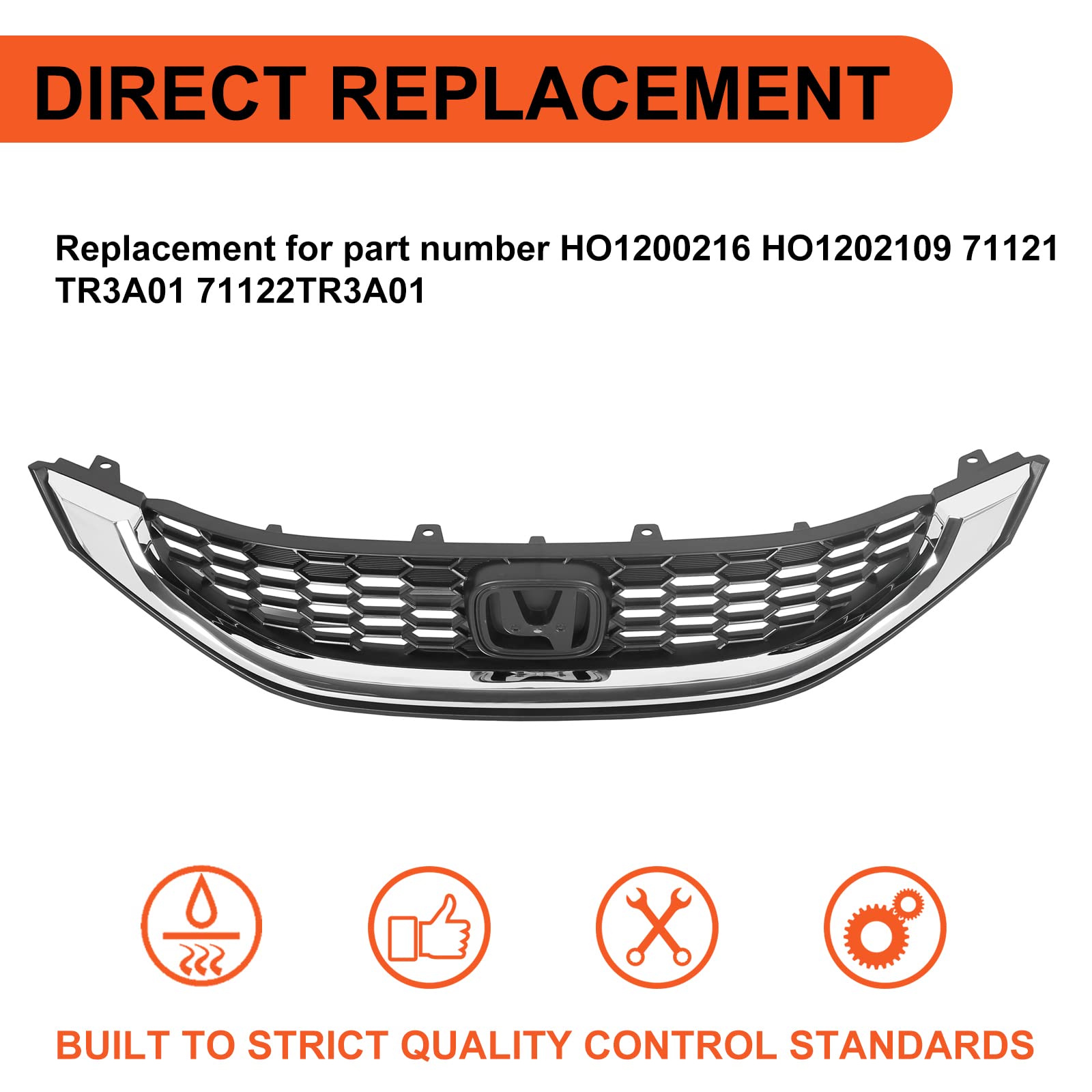 ECOTRIC Front Grill for 2013-2015 Honda Civic Sedan, Black Plastic, Model XM-003-Z1, Chrome Molding, HO1200216, HO1202109