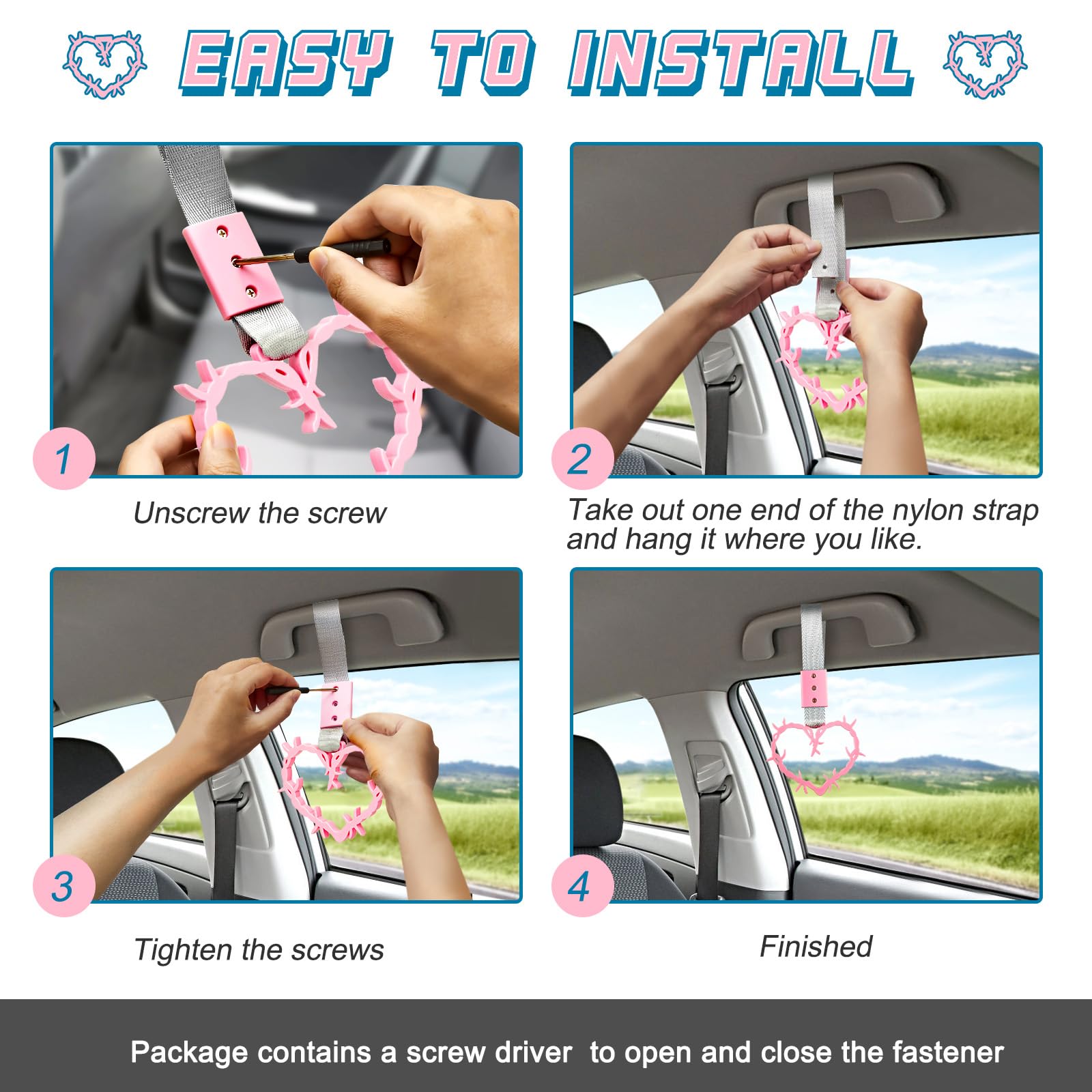 Fabbay Heart Handle Keychains - PVC & Nylon Car Accessories, 9.25x3.74in, Pink, Thorns Style, Perfect for Interior & Exterior Decoration
