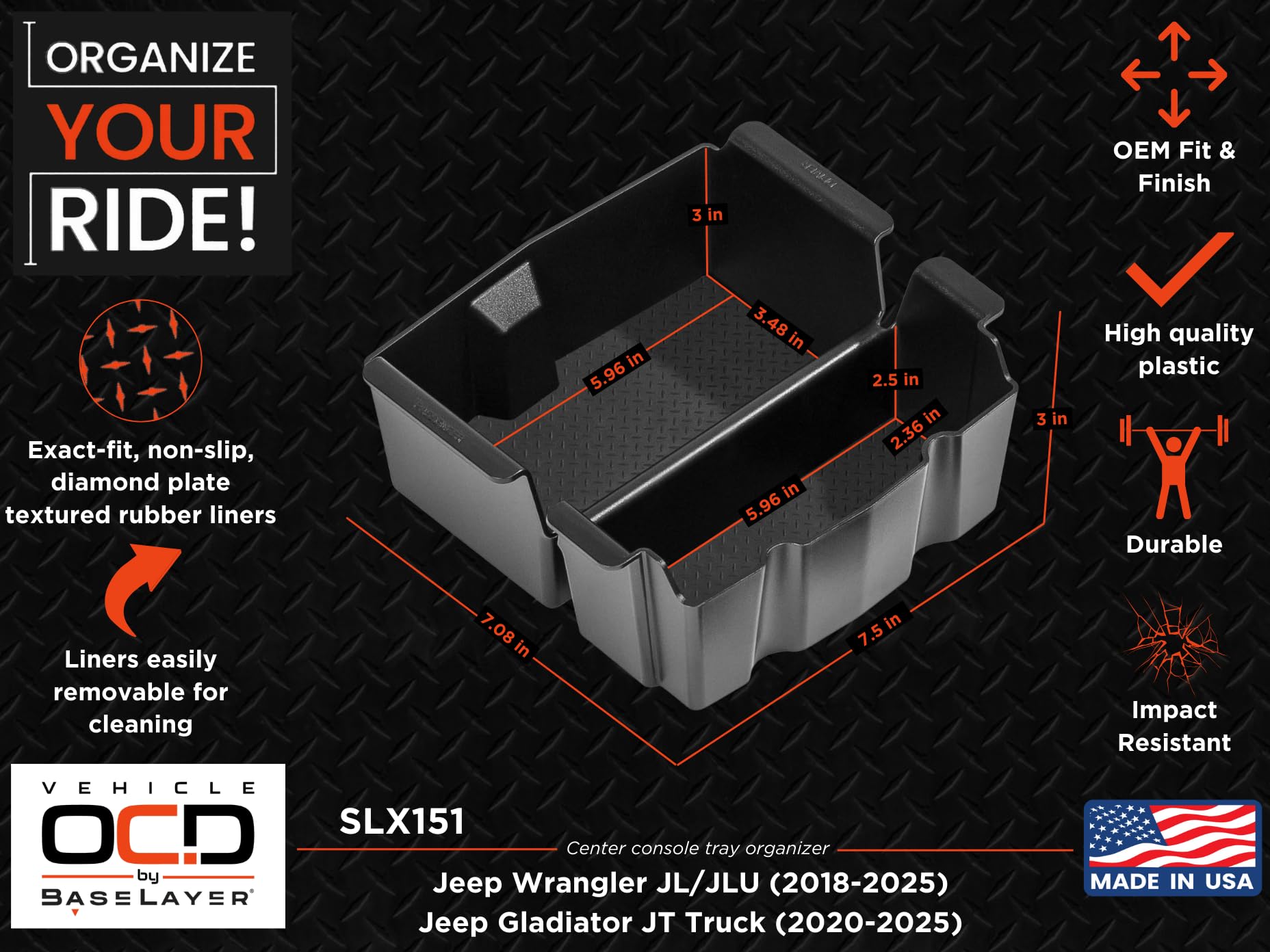 Vehicle Ocd - Center Console Organizer Tray For Jeep Wrangler Jl/Jlu (2018-2025) Jeep Gladiator Jt Truck (2020-2025) - Made In U