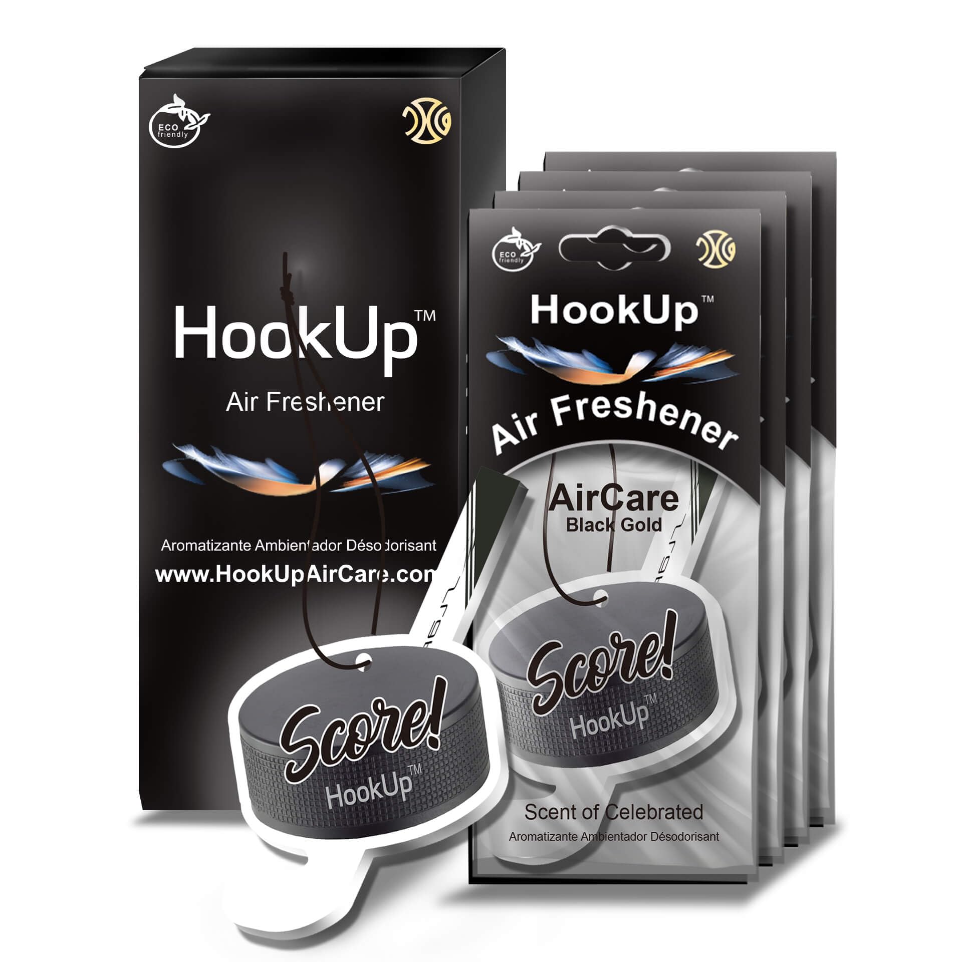 Hockey Car Air Freshener by HookUp - 4 Pack - Black Gold Scent (Extra Strong) | Unique Hockey Gift for Players, Coach, Fans | Ha