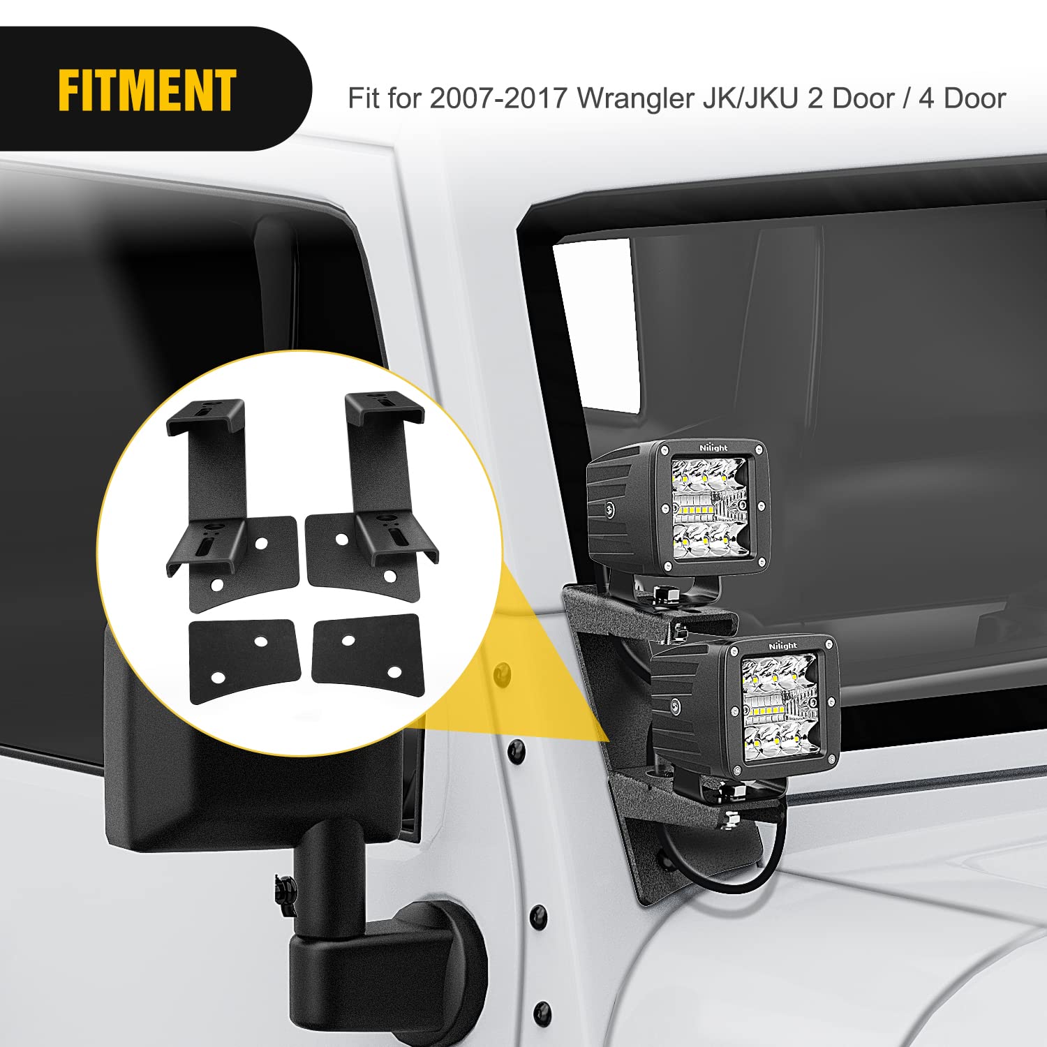 Nilight 2Pcs Windshield Hinge Mounting Brackets Dual A-Pillar For Offroad Led Fog Light Work Light For 2007 2008 2009 2010 2011