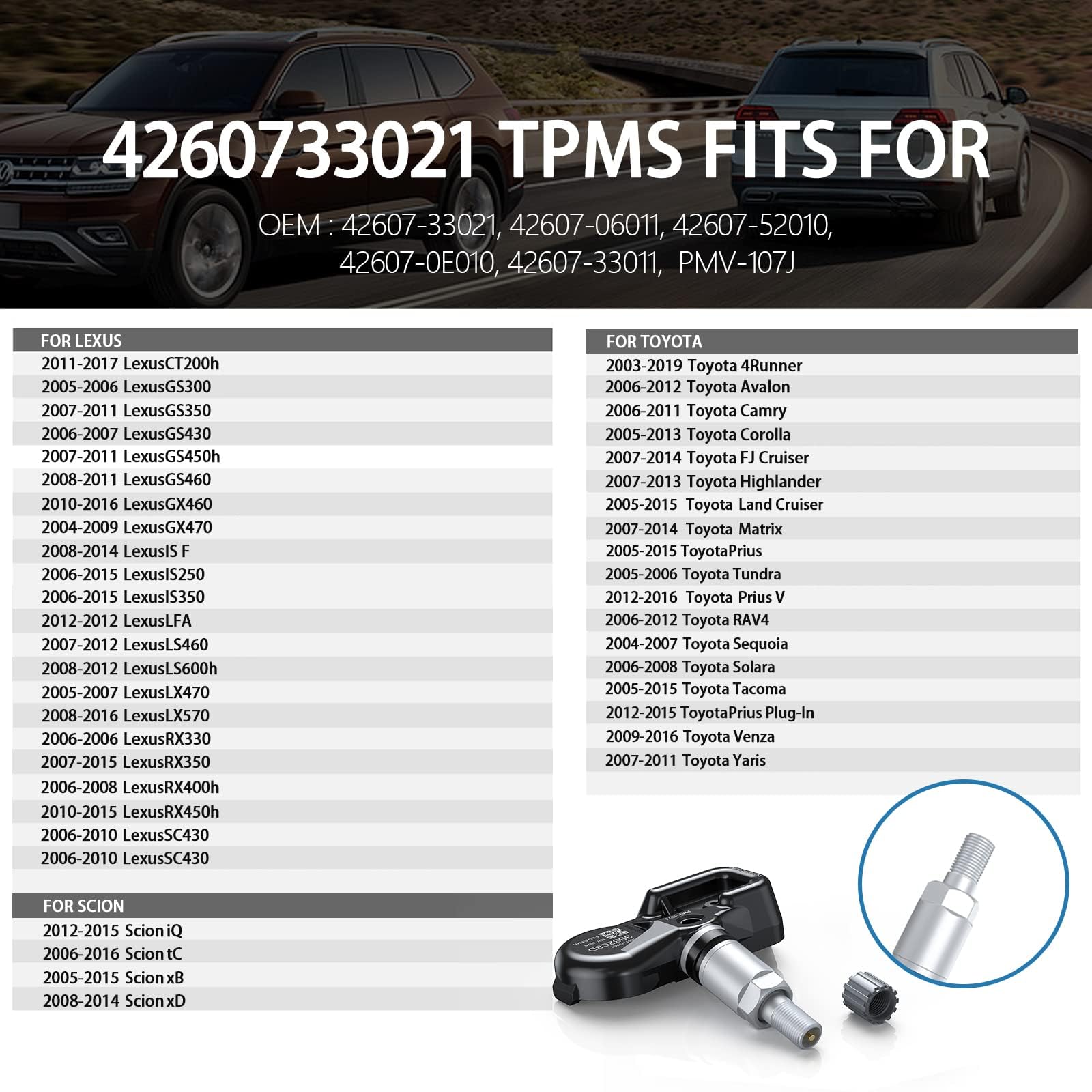 42607-33021 TPMS Tire Pressure Sensor for Toyota Lexus Scion, 315MHz TPS Tire Pressure Monitoring System Sensors Carmy Corolla H