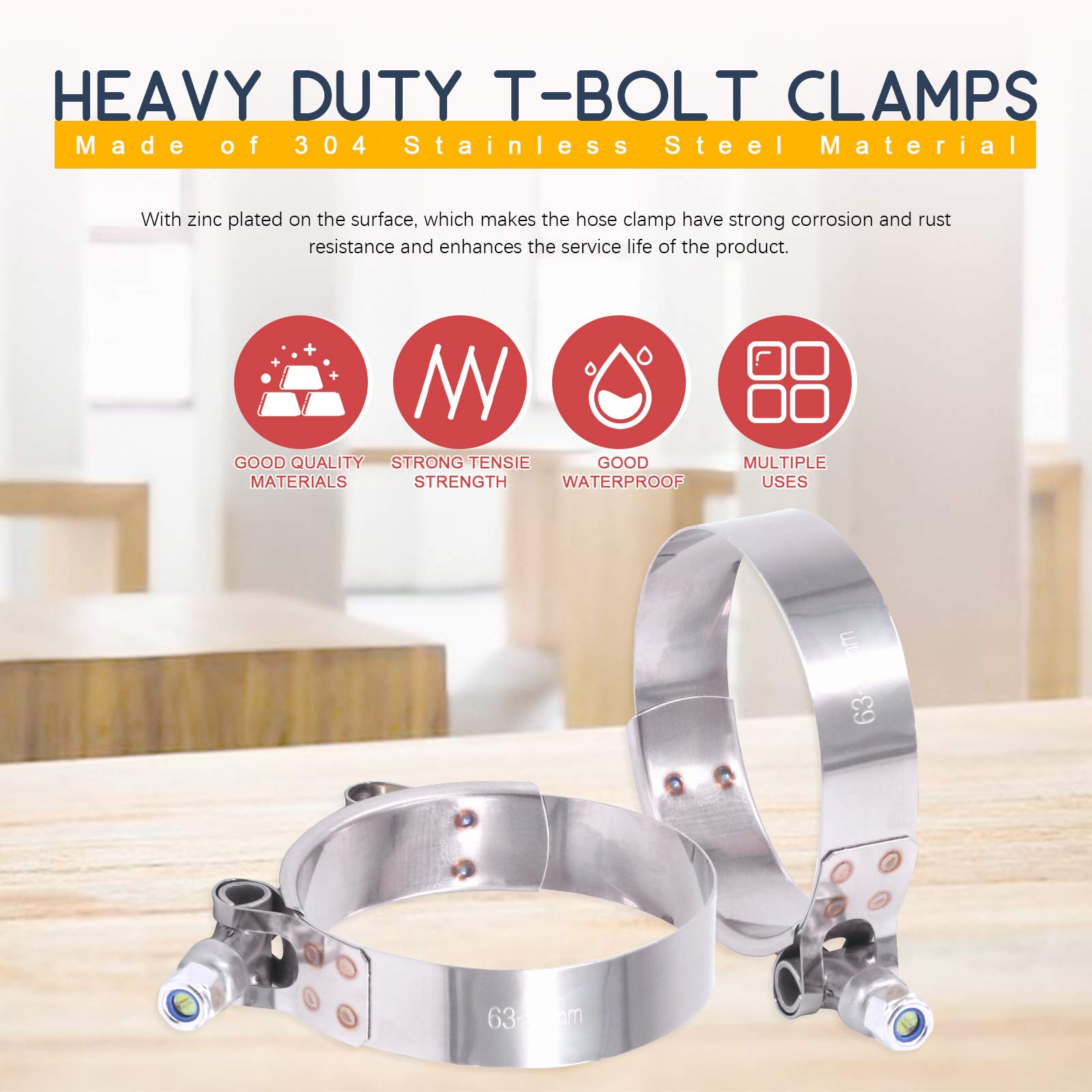 Hilitchi 5Pcs Stainless Steel T-Bolt Clamps With Rounded Band Edges Heavy Duty Turbo Intake Intercooler Clamp (63-71Mm) For 2 1/