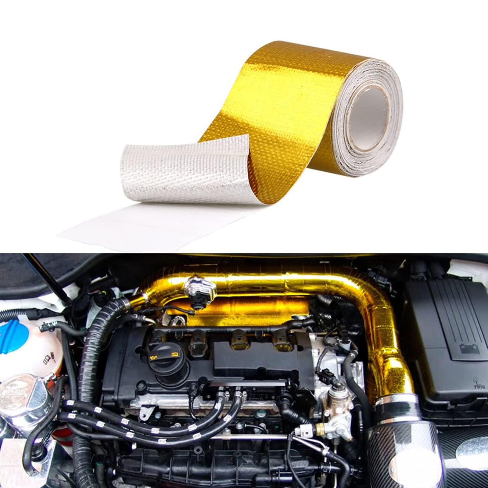 Sporacingrts 2'' X16.4'(5M) Gold Adhesive Backed Heat Barrier Tape,Glassfiber Heat Shield Reflective Tape Wrap Roll,Compatible W