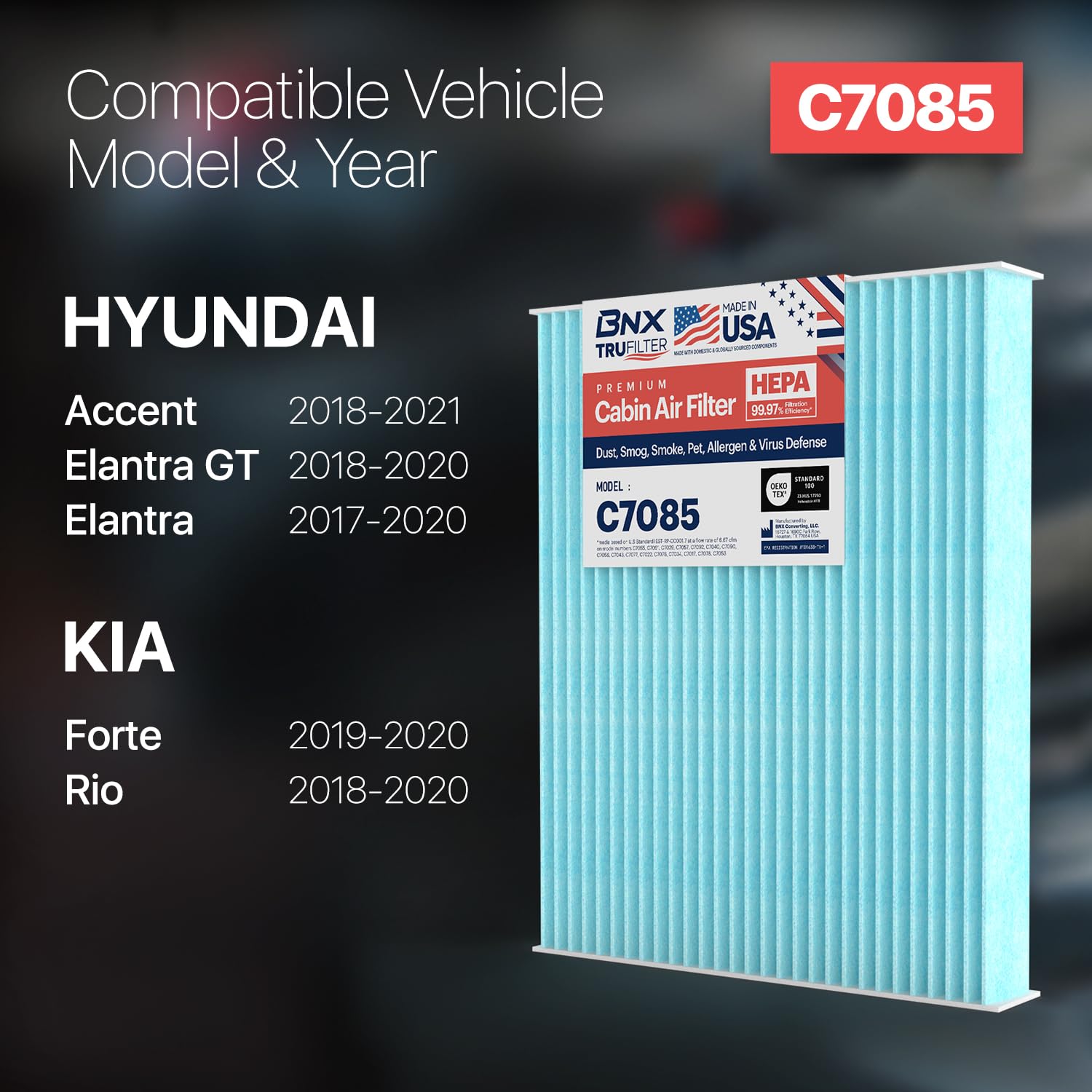 Bnx Trufilter C7085 Cabin Air Filter, Hepa 99.97%, Made In Usa, Compatible With Hyundai: Accent, Elantra, Elantra Gt; Kia: Forte