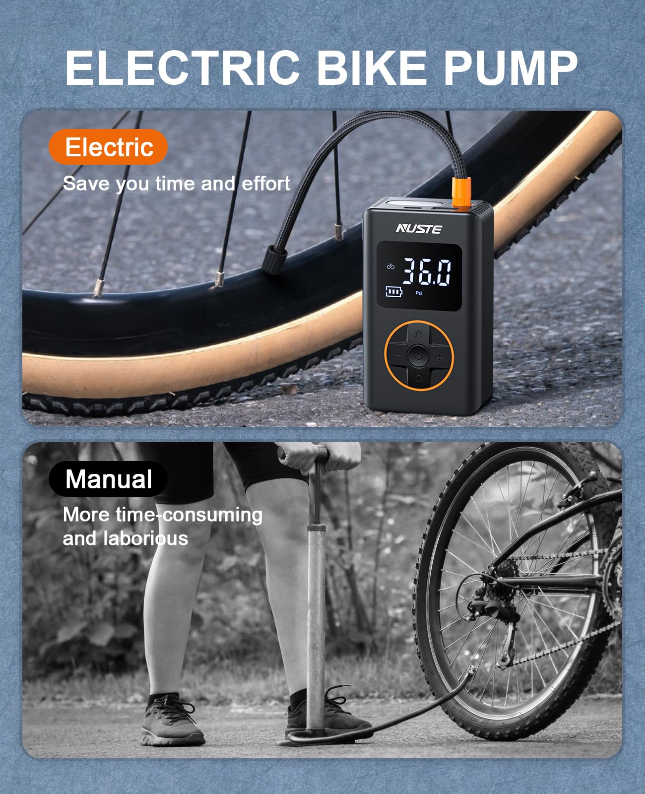 NUSTE Portable Tire Inflator Air Compressor, 150 PSI, Small, Orange, Model CZK-5646, with Dual Screen and LED Light