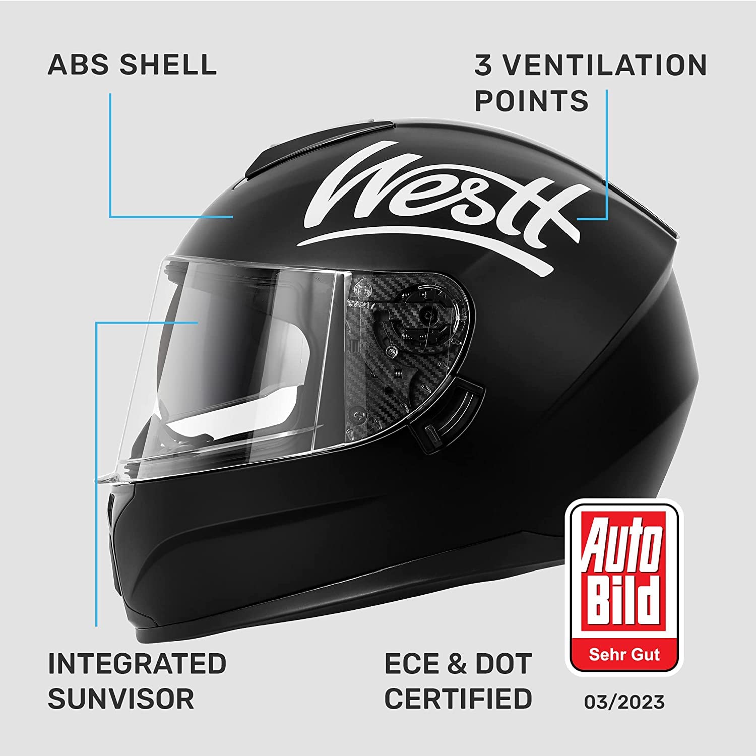 Westt Full Face Helmet - DOT Approved Motorcycle Helmet, L, Black, Model W-205, Lightweight Dual Visor for Men and Women