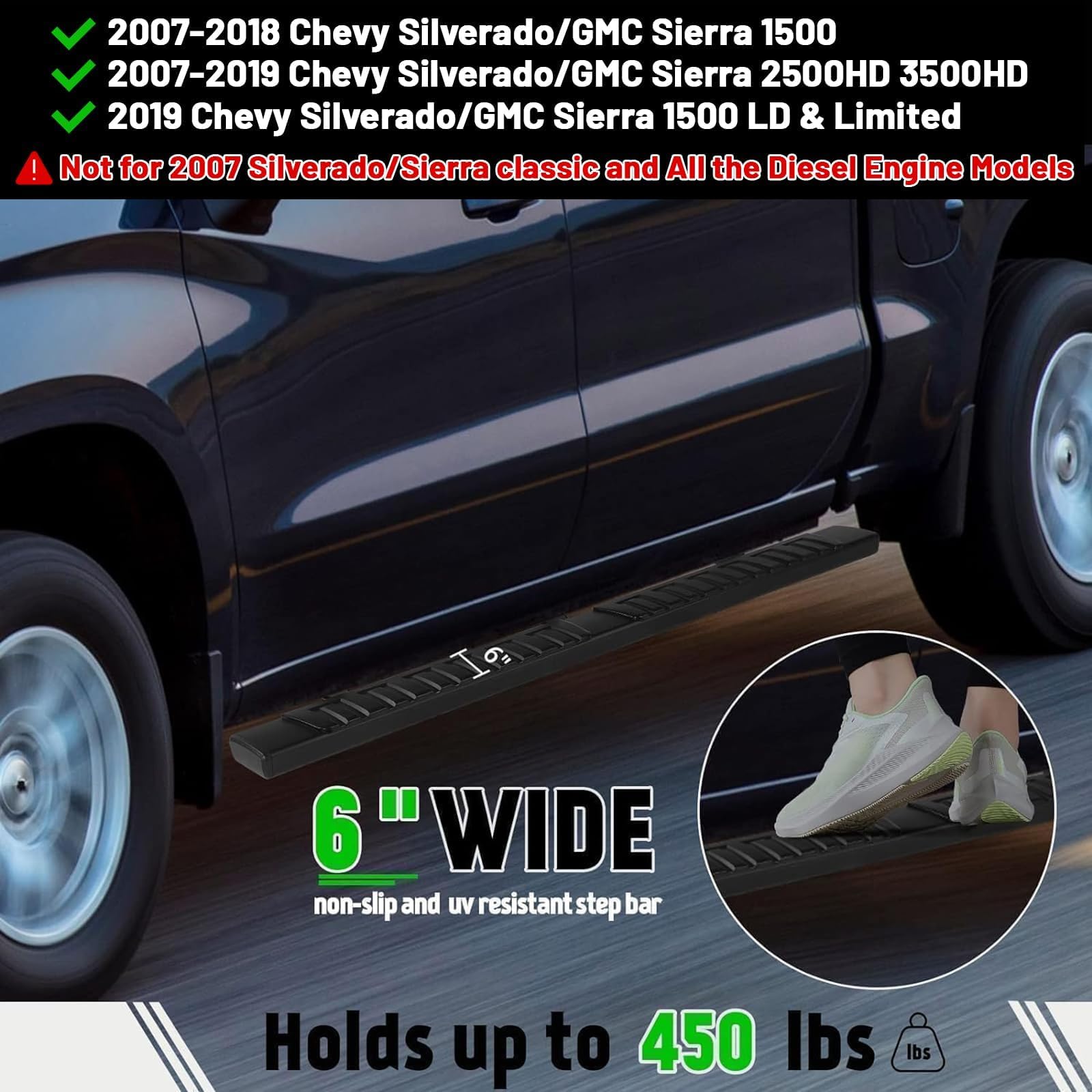 Pz 6'' Crew Cab Running Boards For 2007-2018 Chevy Silverado/Gmc Sierra 1500, 2007-2019 For 2500Hd 3500Hd Black Aluminum Alloy N