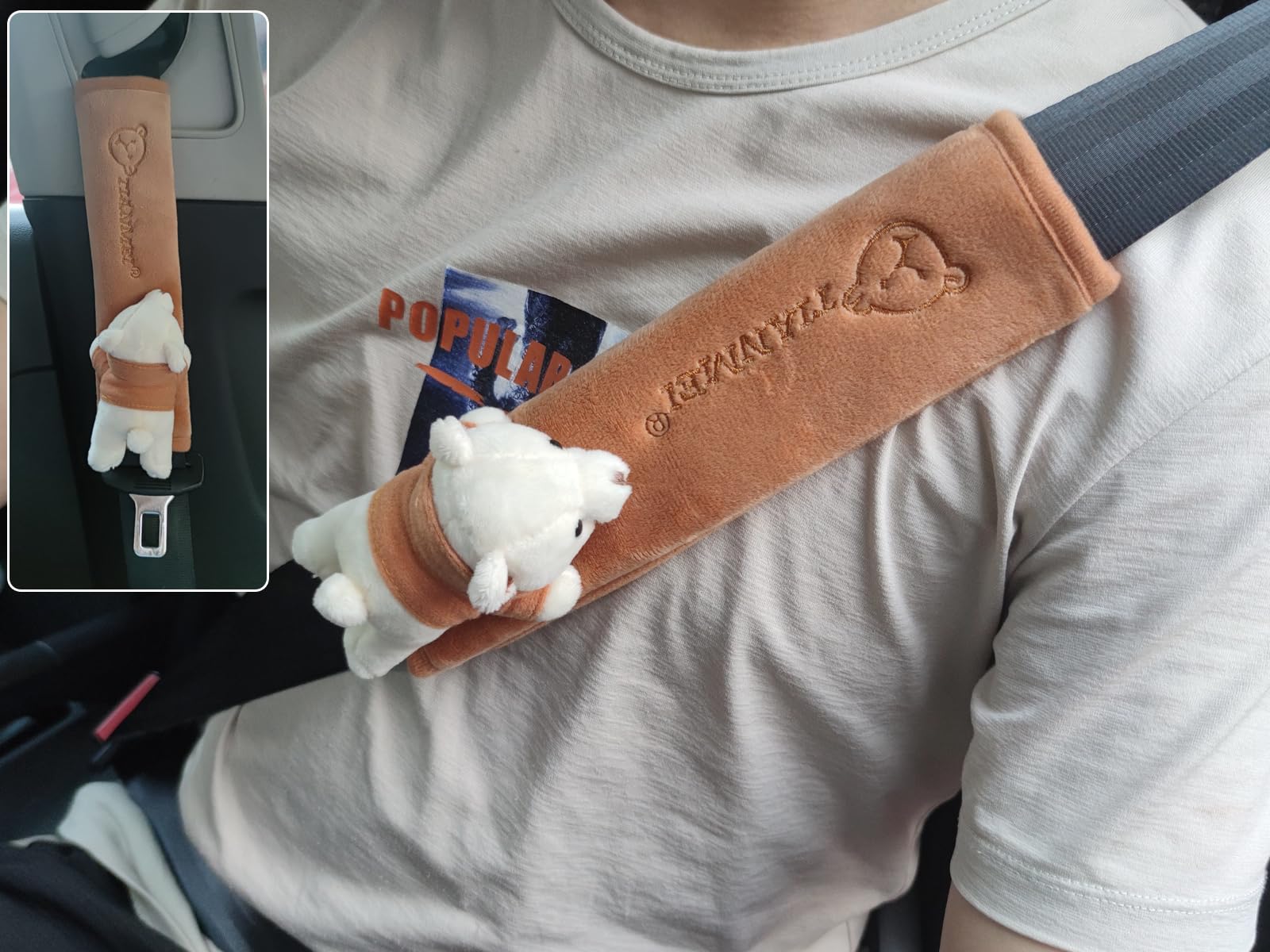 Tianmei 2Pcs Bear Doll Styling Faux Suede Car Seat Belt Strap Cover Shoulder Strap Pad (Brown Color)