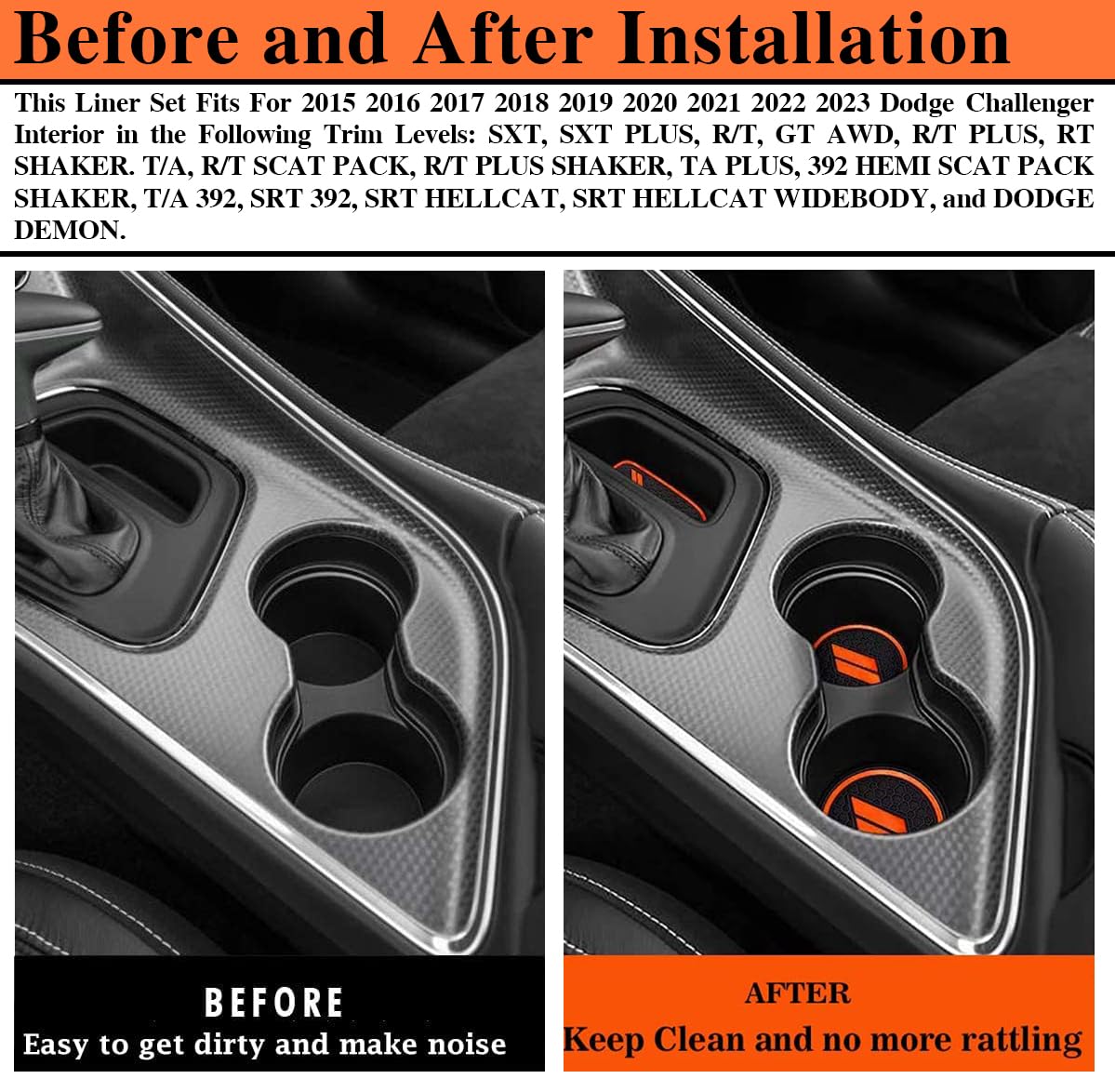 Auprite Non-Slip Rubber Cup Holder Liners for Dodge Challenger 2015-2022, Orange, 11 Pcs, Custom Fit Accessories