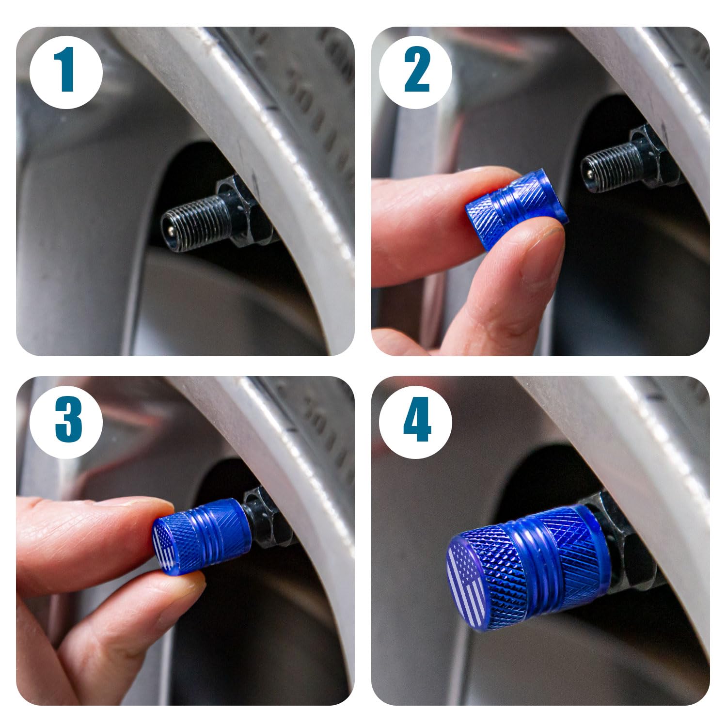 Tire Valve Stem Caps - 4 Pack Anti-Corrosion Premium Anodized Alloy Tyre Air Valve Caps American Flag For Car Suv Bike Blue