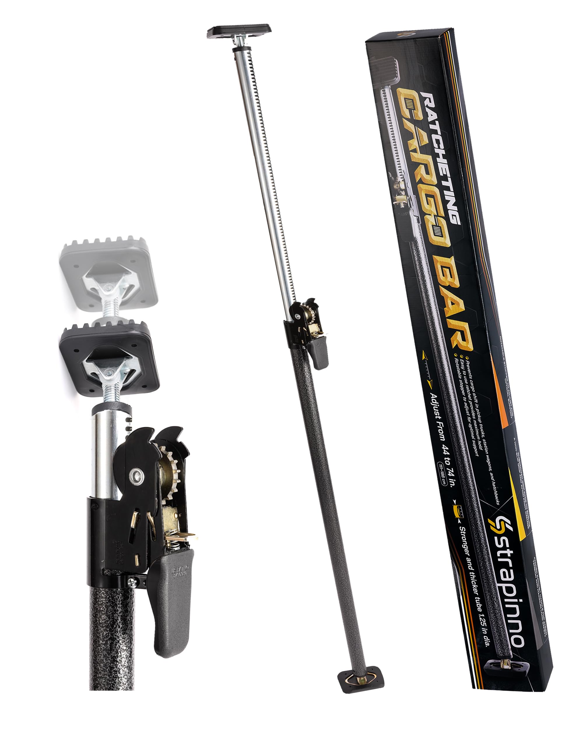 Strapinno - Ratcheting Cargo Bar 44-74, Non-Slip Truck Bed Divider, Easy Setup, Strong 1.25 Tube, Adjustable Stabilizer for Pick