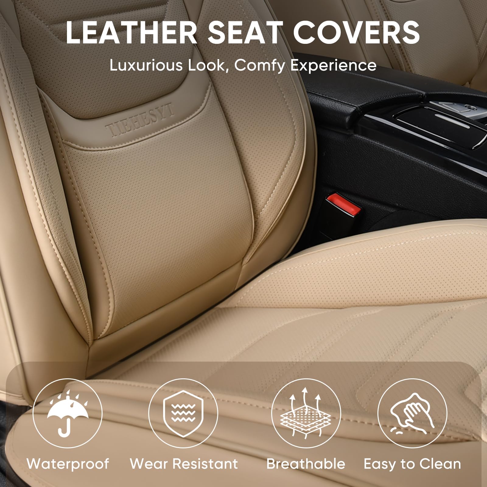 TIEHESYT Beige Faux Leather Car Seat Covers Front Pair, Breathable Automotive Seat Covers for Sedans, SUVs, Pickup Trucks