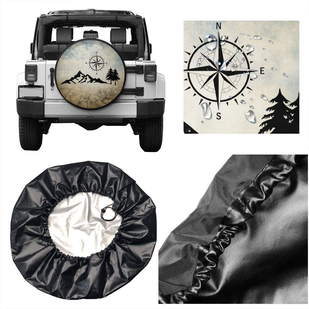 Cozipink Nature Mountain Compass Spare Tire Cover Wheel Protectors Weatherproof Universal For Trailer Rv Suv Truck Camper Travel Trailer 14 15 16 17 (17In)