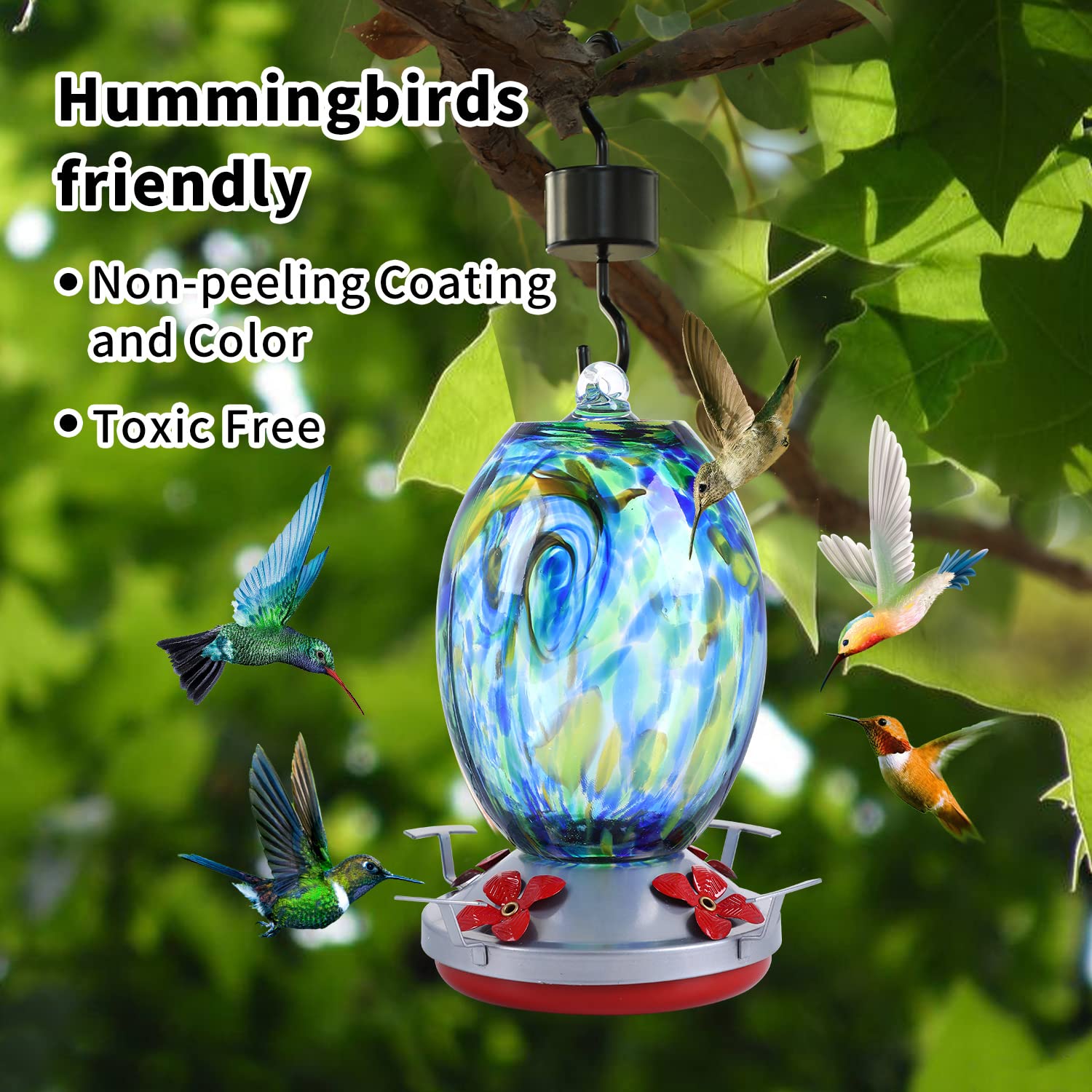 Jalamwang Hummingbird Feeder For Outdoors Hanging, 25 Ounces, Hand Blown Glass, Leak Proof Rustproof, Containing Ant Moat, For A