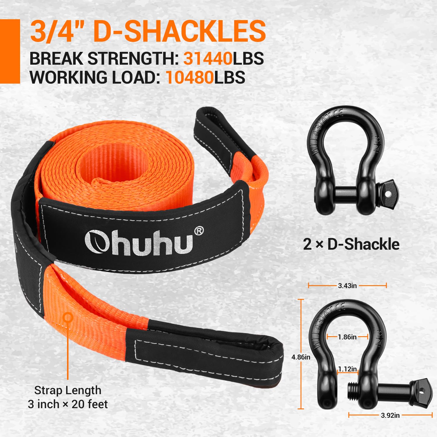 Tow Straps With Shackles, Ohuhu Heavy Duty 3'' X 20Ft Recovery Strap Kit With Hooks, 31,944 Lbs Break Strength, Triple Reinforce
