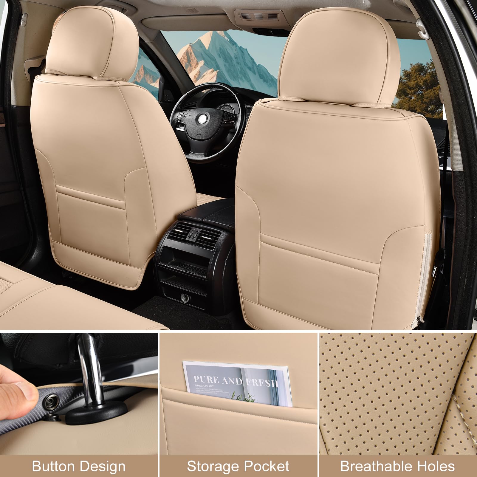 TIEHESYT Beige Faux Leather Car Seat Covers Full Set, Breathable Front & Rear Covers for Most Cars, SUVs, and Trucks