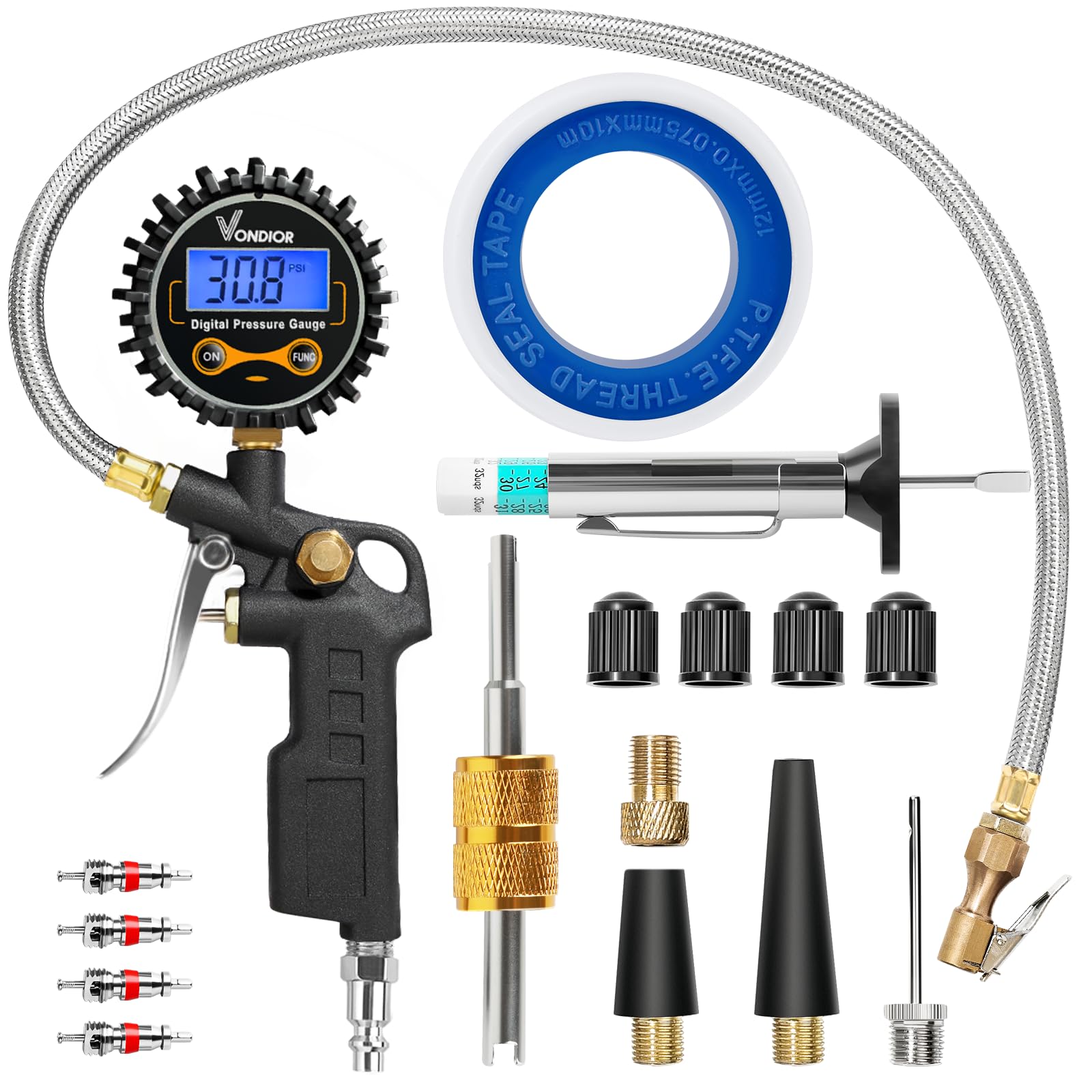 Vondior Digital Tire Pressure Gauge with Inflator, 250 PSI Heavy Duty Air Chuck with Tire Tread Depth Gauge, Stainless Steel Bra