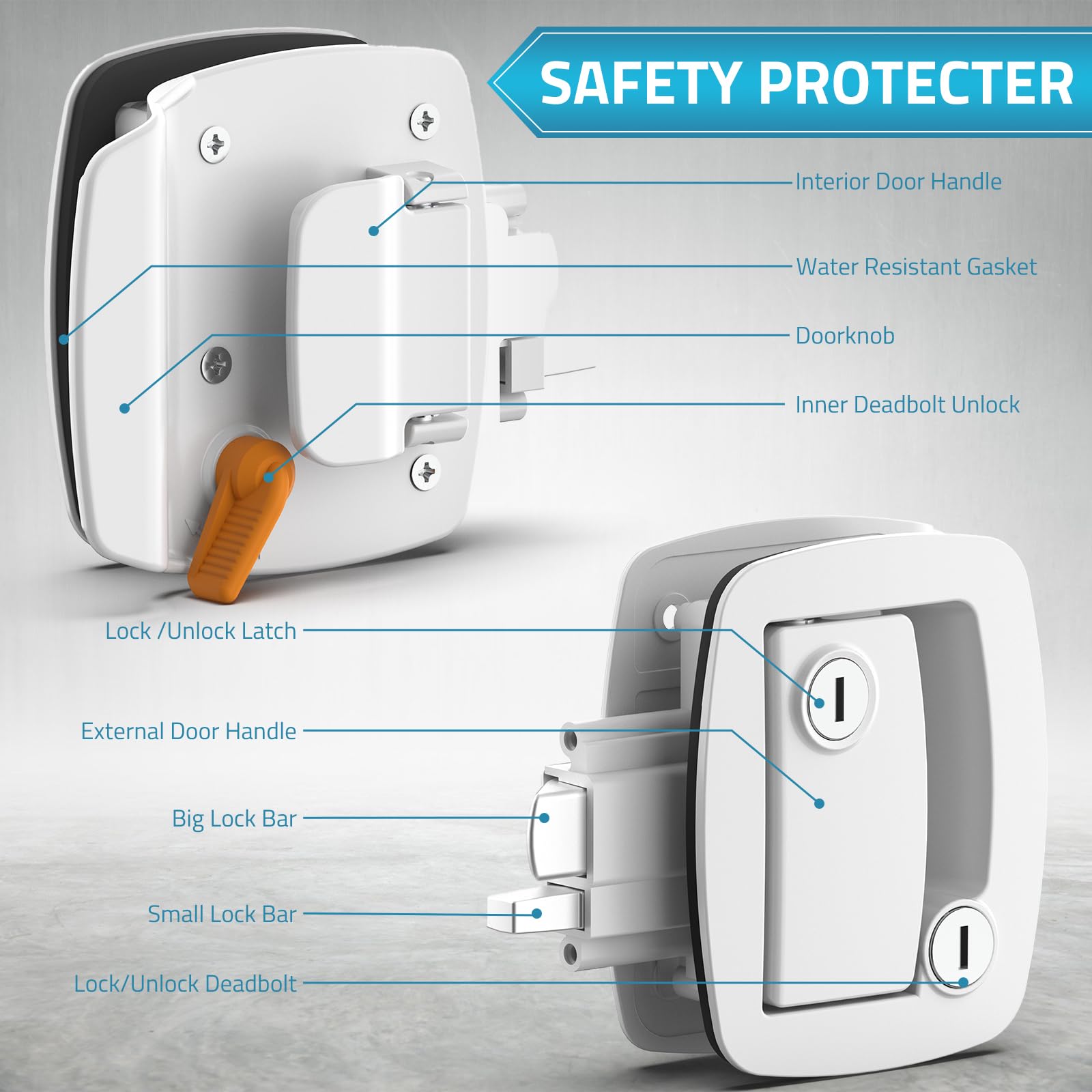 Paulinn Rv Door Lock Replacement - White 100% Paddle Deadbolt Lock, Ip67 Waterproof Camper Door Lock With 4 Keys For Horse Trail