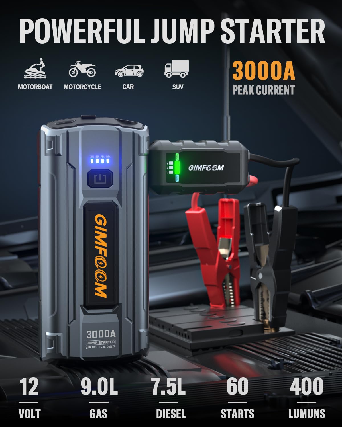 Car Jump Starter, 3000A Jump Starter Battery Pack For Up To 9.0L Gas Or 7.5L Diesel Engine, 12V Car Battery Jump Starter, Jump B