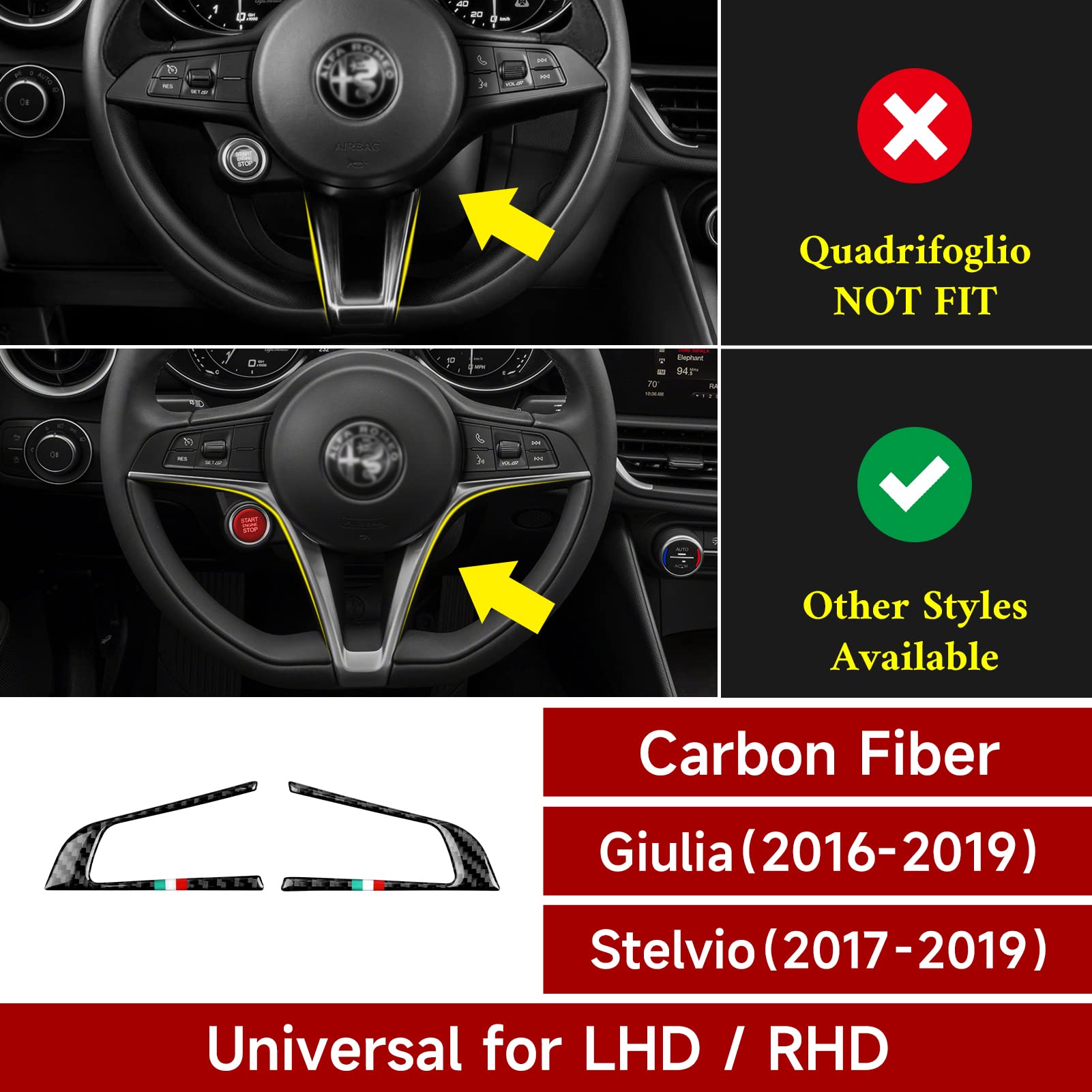 2Pcs Car Steering Trim Sticker Cover Carbon Fiber Decal Fits For Alfa Romeo Giulia Stelvio 2016 2017 2018 2019 Interior Accessories (Black)
