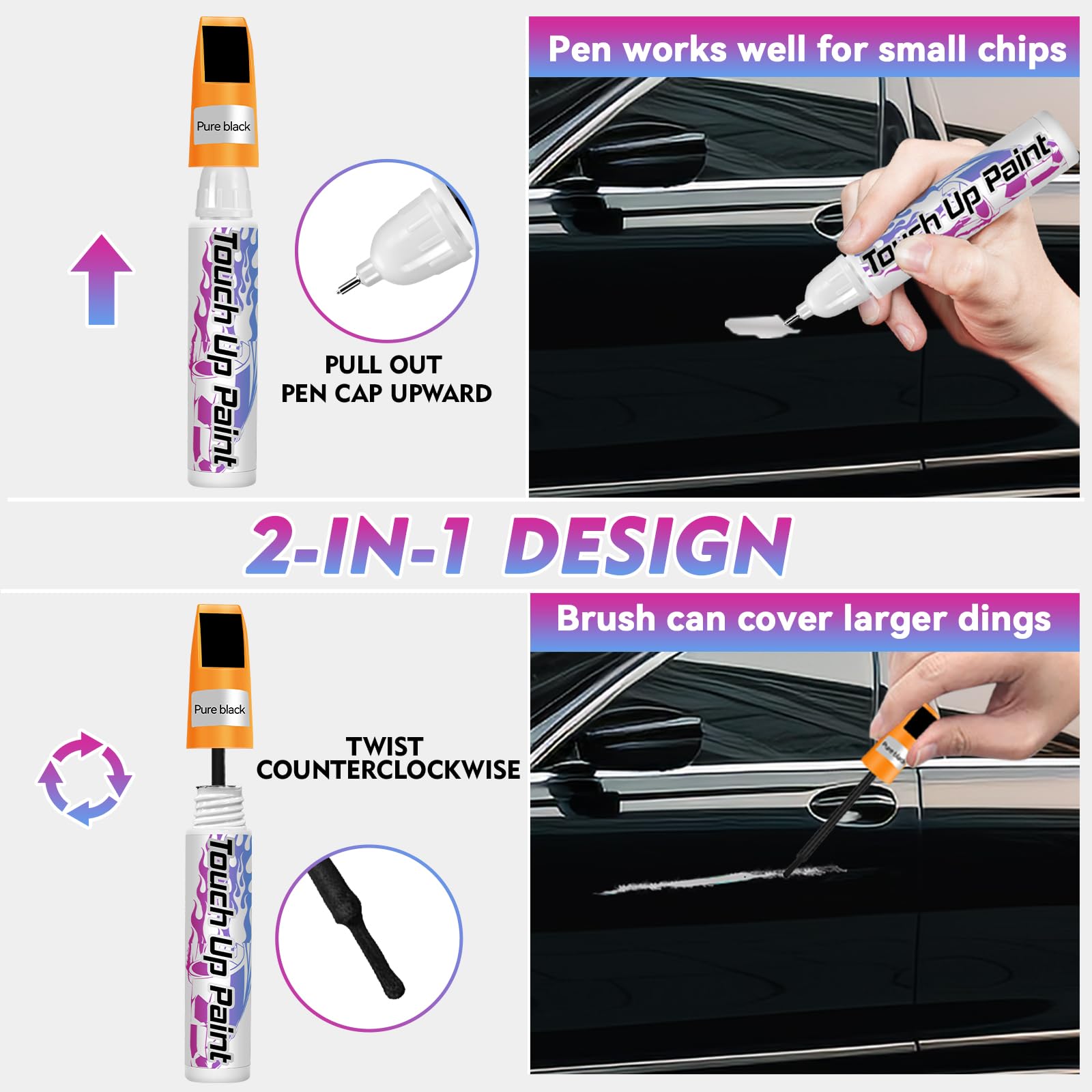 Touch Up Paint for Cars, Car Paint Scratch Repair, Quick & Easy Solution to Erase Scratches, 0.4 fl oz (Black)