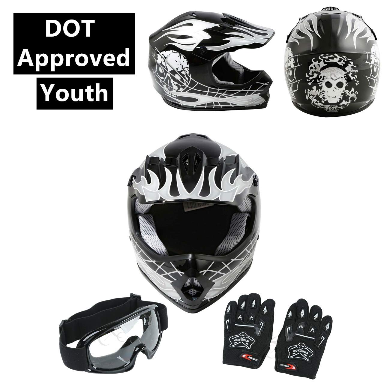 Slmoto Dot Youth Kids Helmet Motocross Offroad Street Helmet Motorcycle Helmet Dirt Bike Motocross Atv Black Skull Design Helmet+Goggles+Gloves