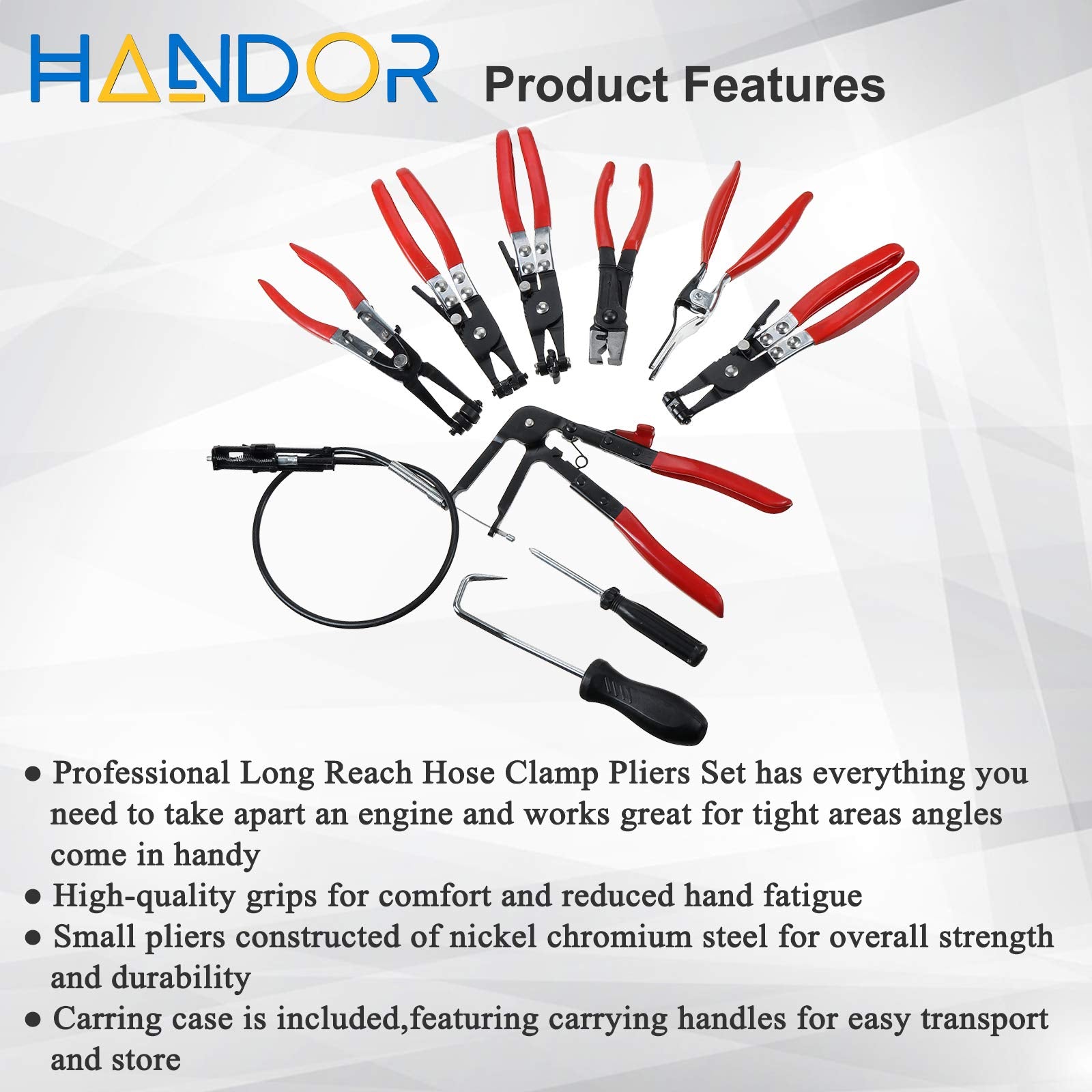 Handor 9pcs Hose Clamp Pliers Set, Alloy Steel Long Reach Tools for Fuel, Oil, Water Hoses - GGM-105020A-7094
