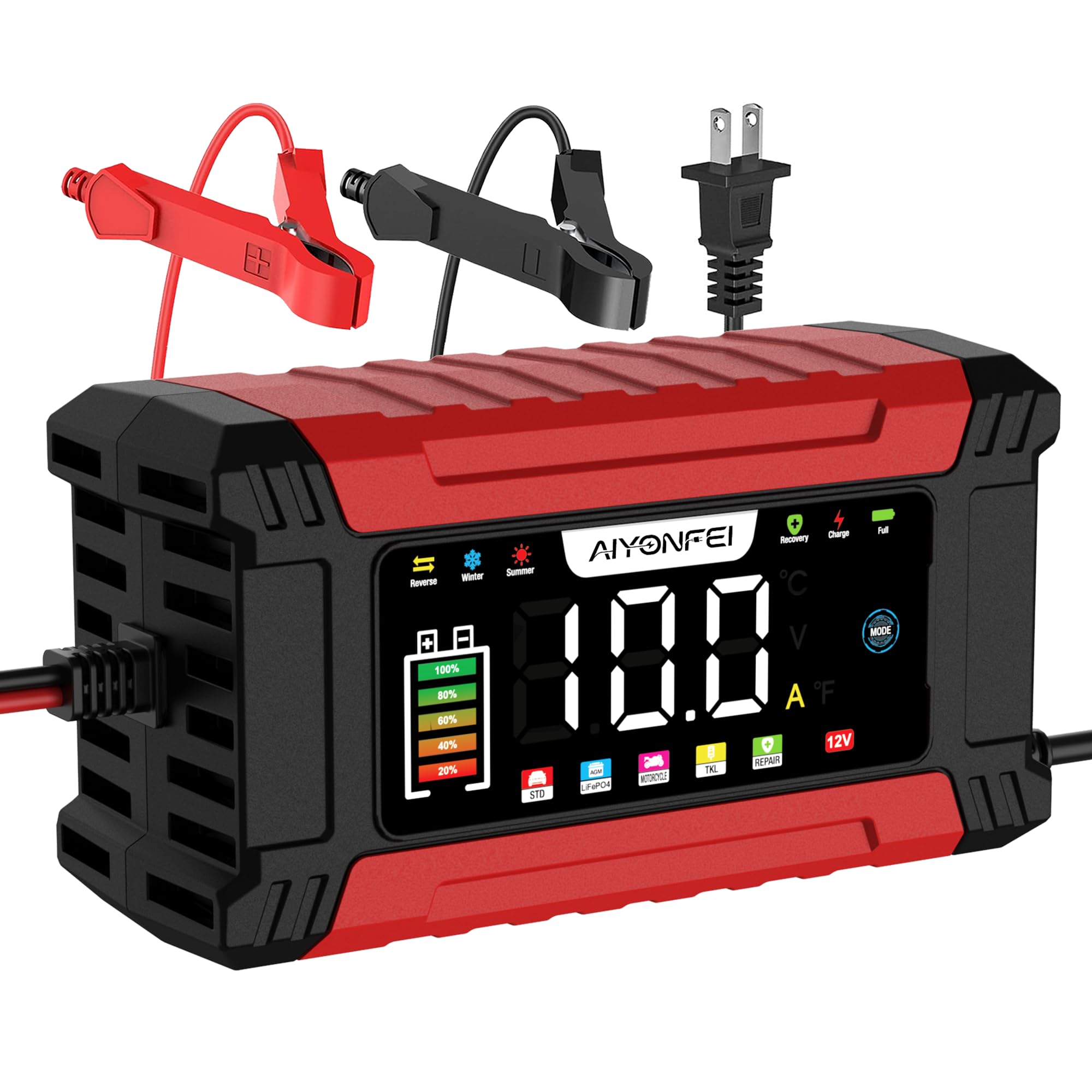 AIYONFEI 12V 10A Battery Charger, 9-Stage Smart Trickle Charger with LED Screen, Battery Maintainer & Desulfator, Temperature Co
