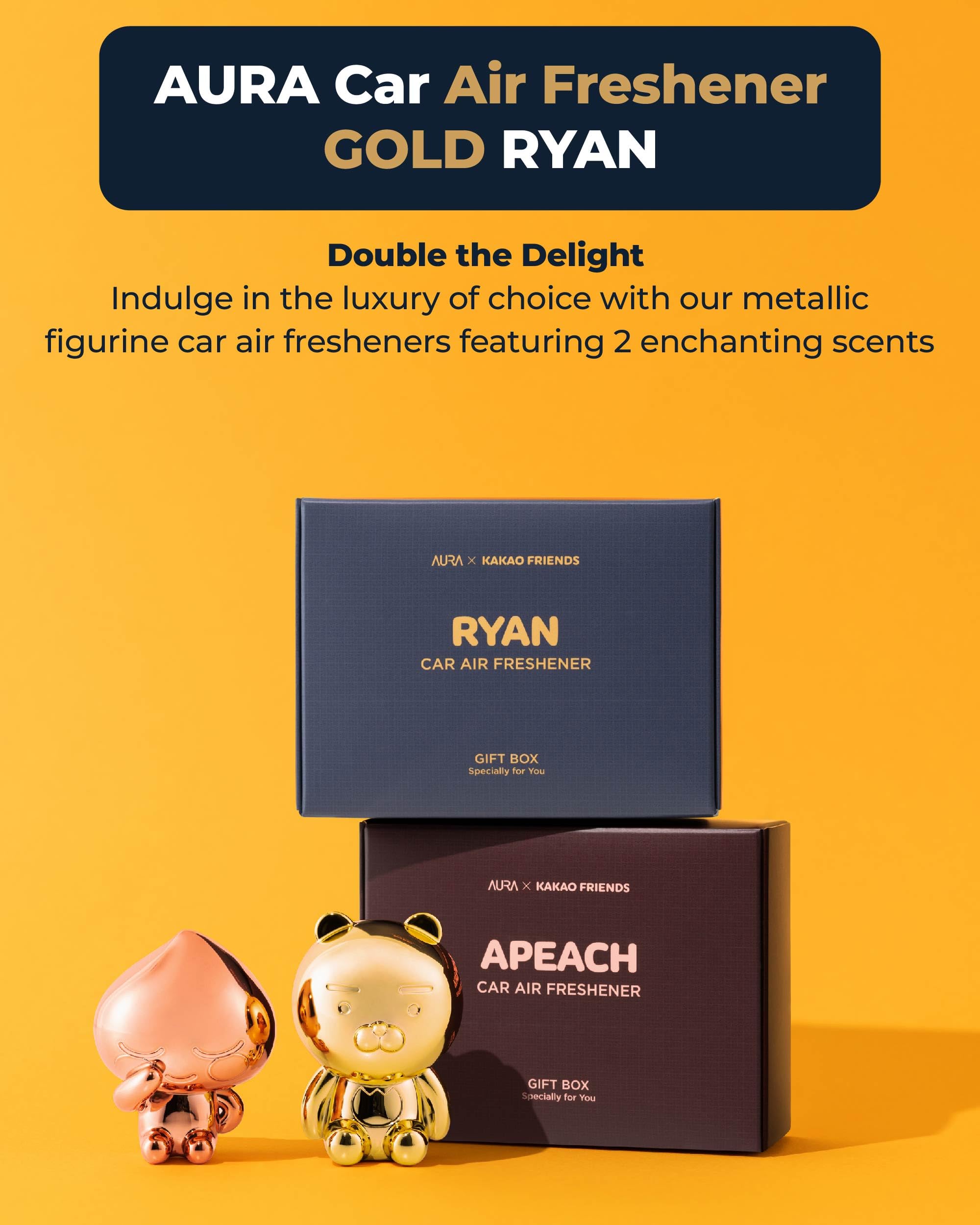 Aura Car Air Freshener Vent Clip, Gold Ryan (2 Scents, 0.07Fl Oz*2) - Long-Lasting Odor-Fighting Scent. Kakao Friends Figurine.