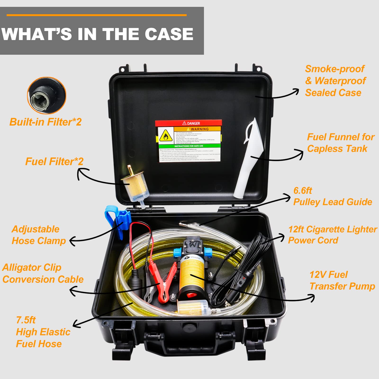 Steauty 12V Fuel Transfer Pump Set - 85 Gal/hr, Stainless Steel, Model PUMP-N, Upgraded Carrying Case & Pulley Lead Pipe for Gas/Diesel