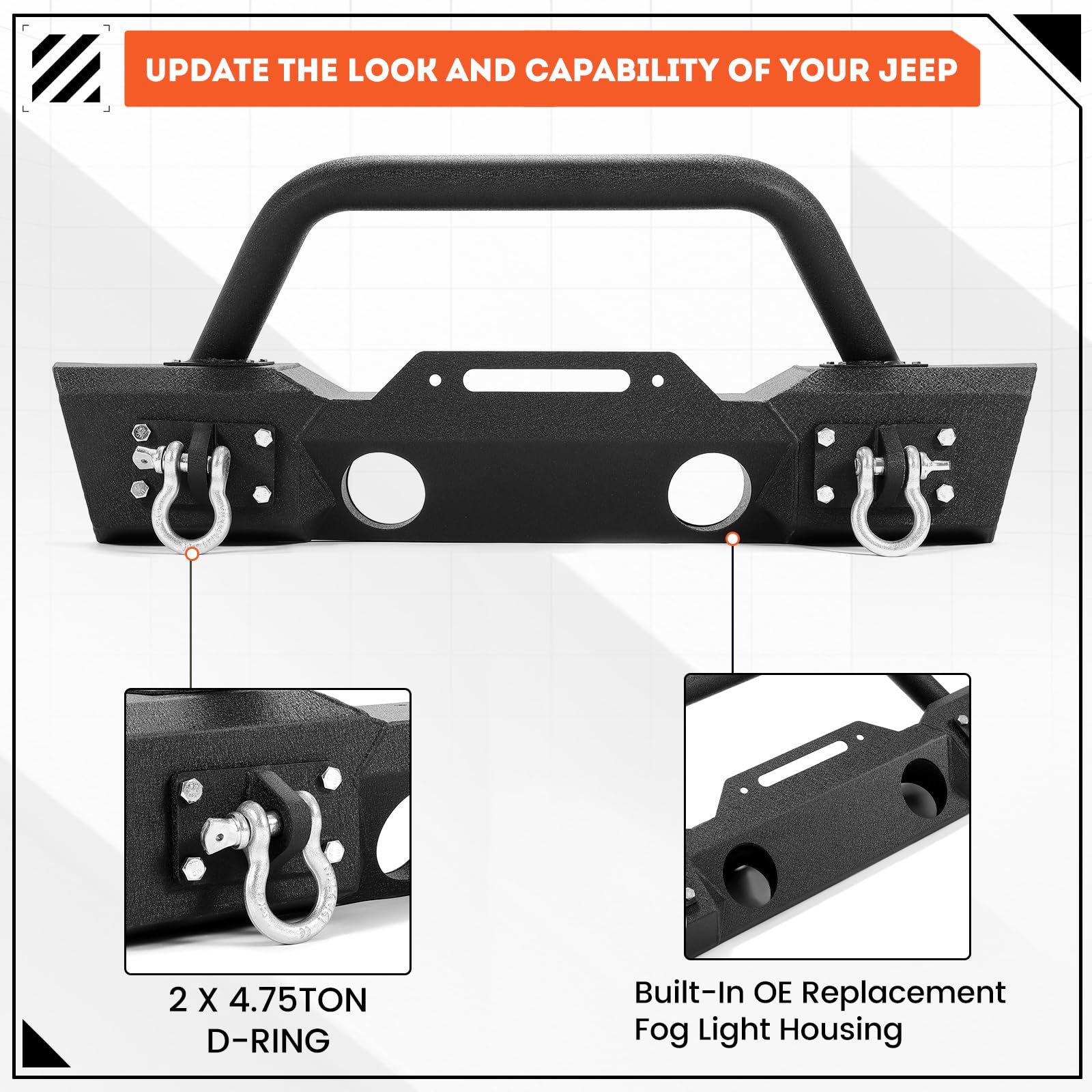 ECOTRIC Stubby Front Bumper for 2007-2024 Jeep Wrangler JK JL Gladiator JT, Alloy Steel, Black, CA-112, with Fog Light Housing & D-Rings