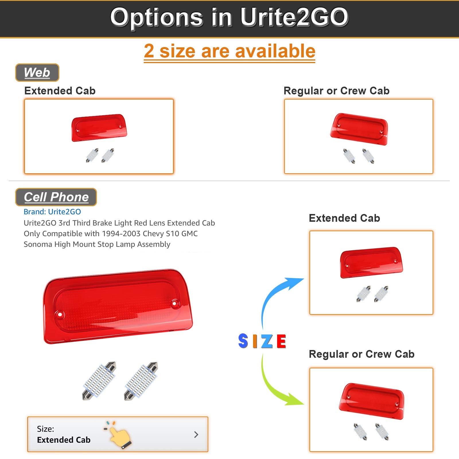Urite2Go 3Rd Third Brake Light Red Lens Regular Crew Cab Only Compatible With 1994-2004 Chevy S10 Gmc Sonoma High Mount Stop Lam